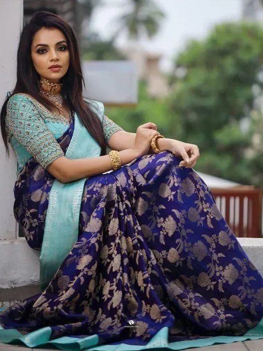Navy Blue and Teal Woven Silk Saree
