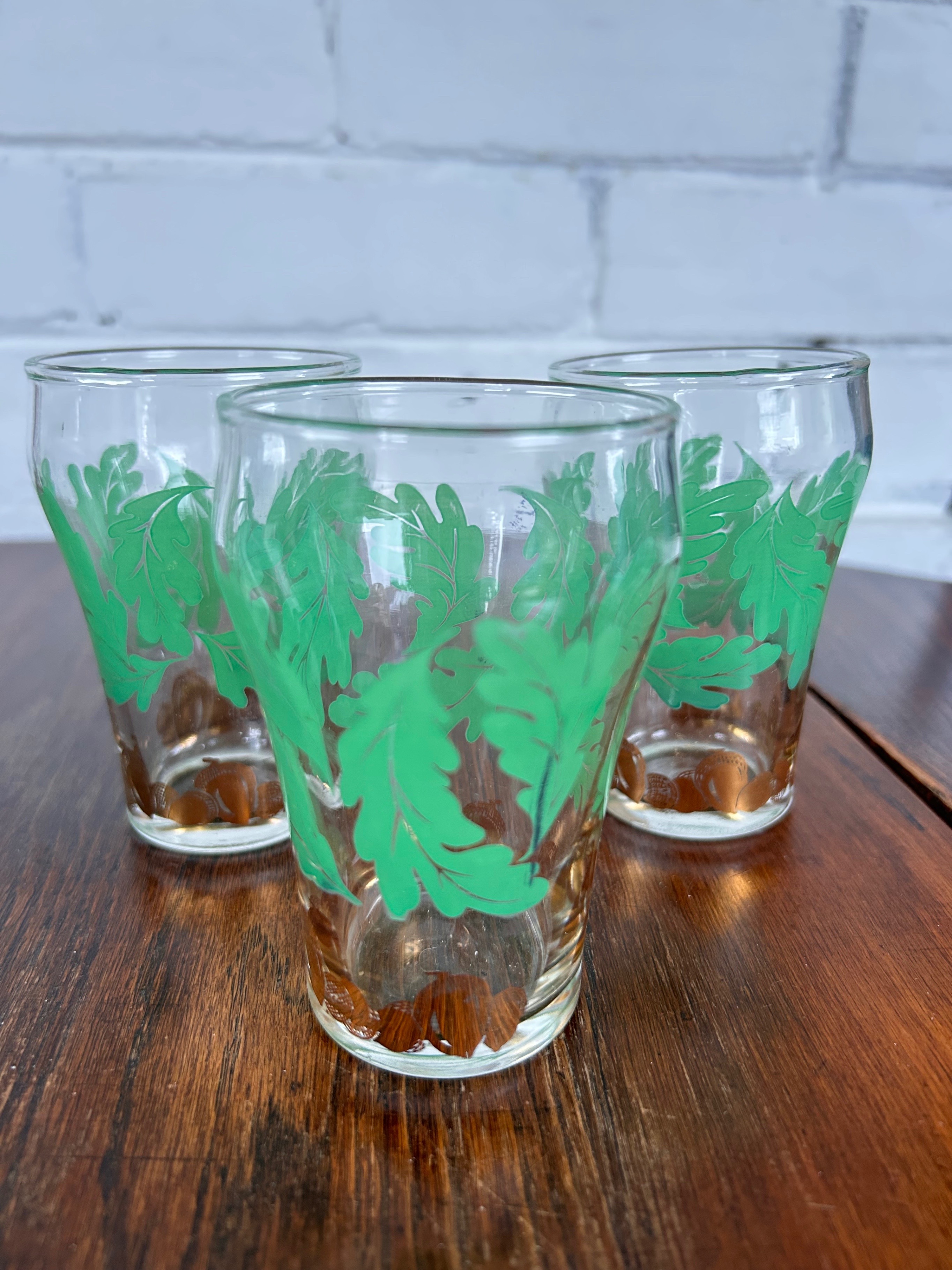 Set of 3 Vintage Glass Tumblers with Green Leaf Design