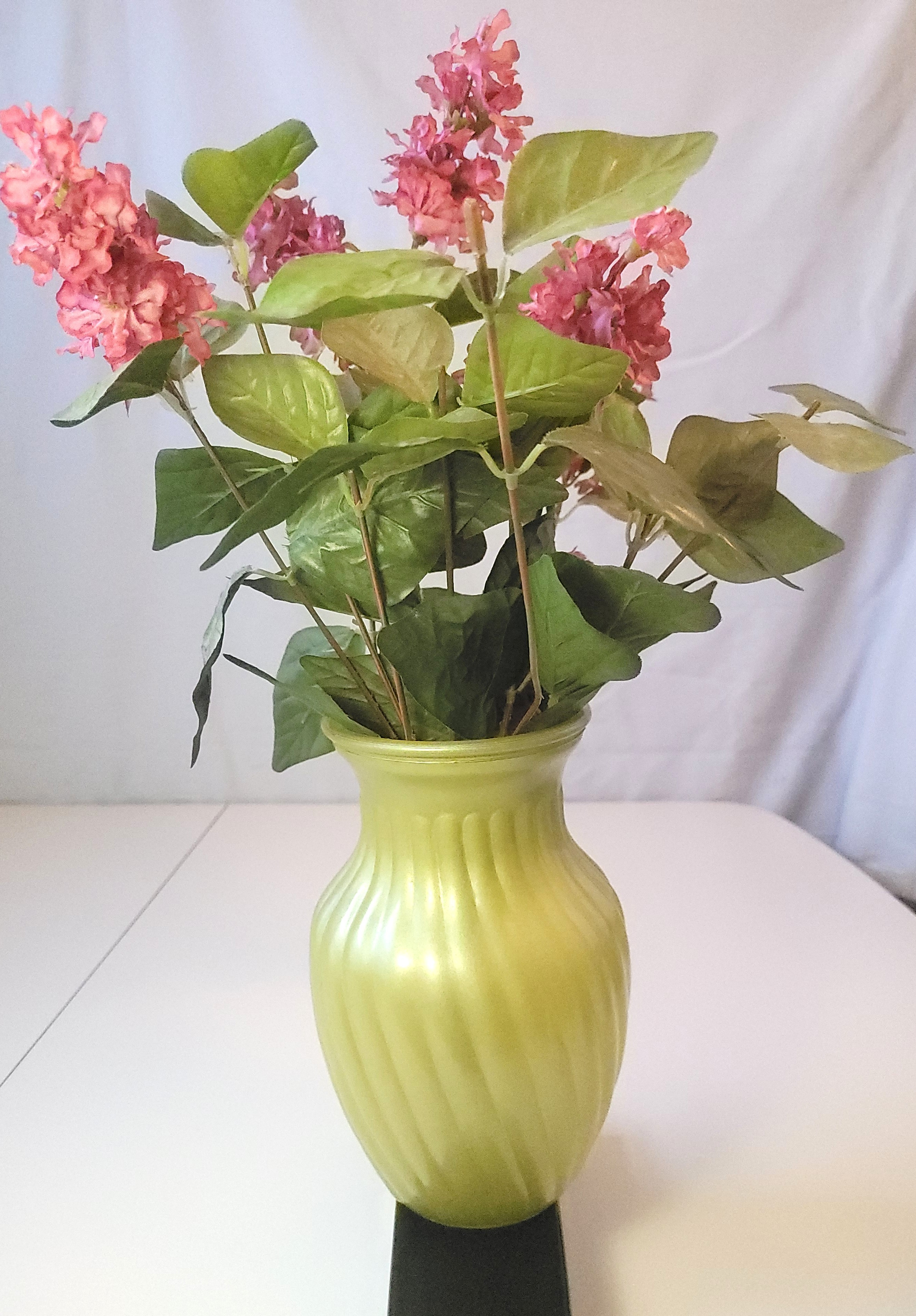 1974 Yellow Satin Glass Swirl Vase with Faux Floral Arrangement