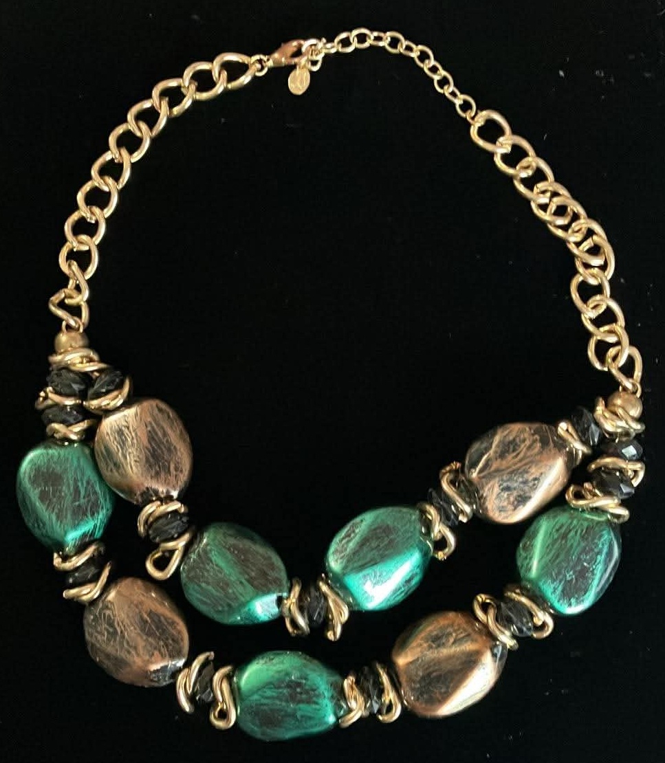 JS Necklace Vintage Green and Gold Multi-Strand - 18 Inches