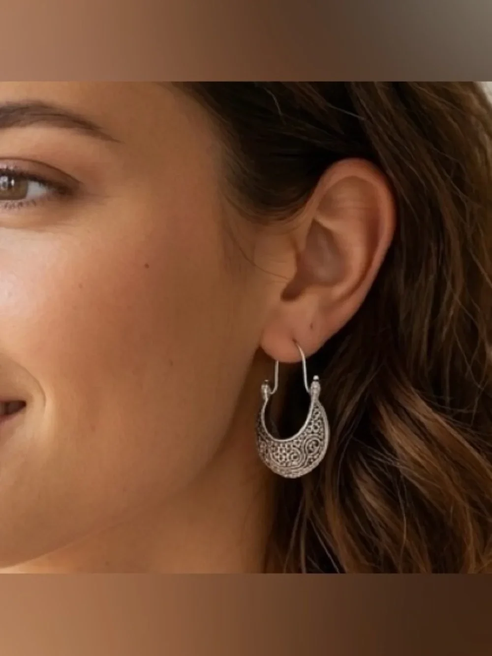 Boho Style Silver Basket Hoop Earrings Floral Engraved Design