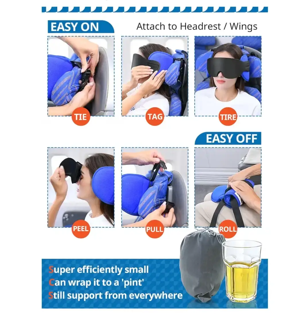 SARISUN Travel Pillow with Eye Mask and Seat Strap - Black - photo 4