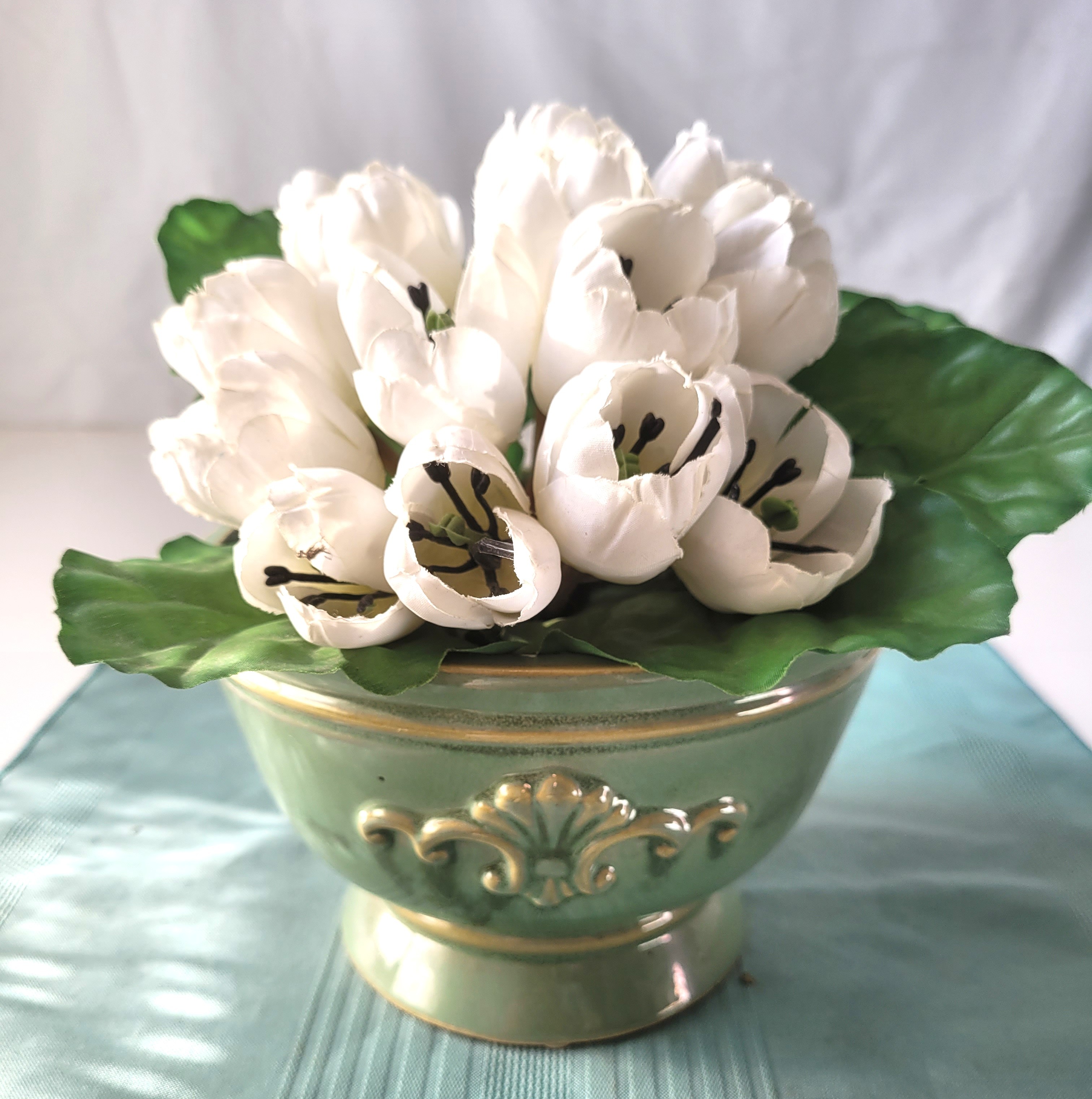Vintage Style Green Glazed Ceramic Bowl Planter Vase Faux Flower - photo 4