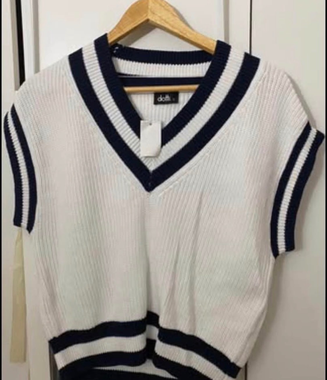 Dotti White & Navy Striped V-Neck Sweater Vest - Size S