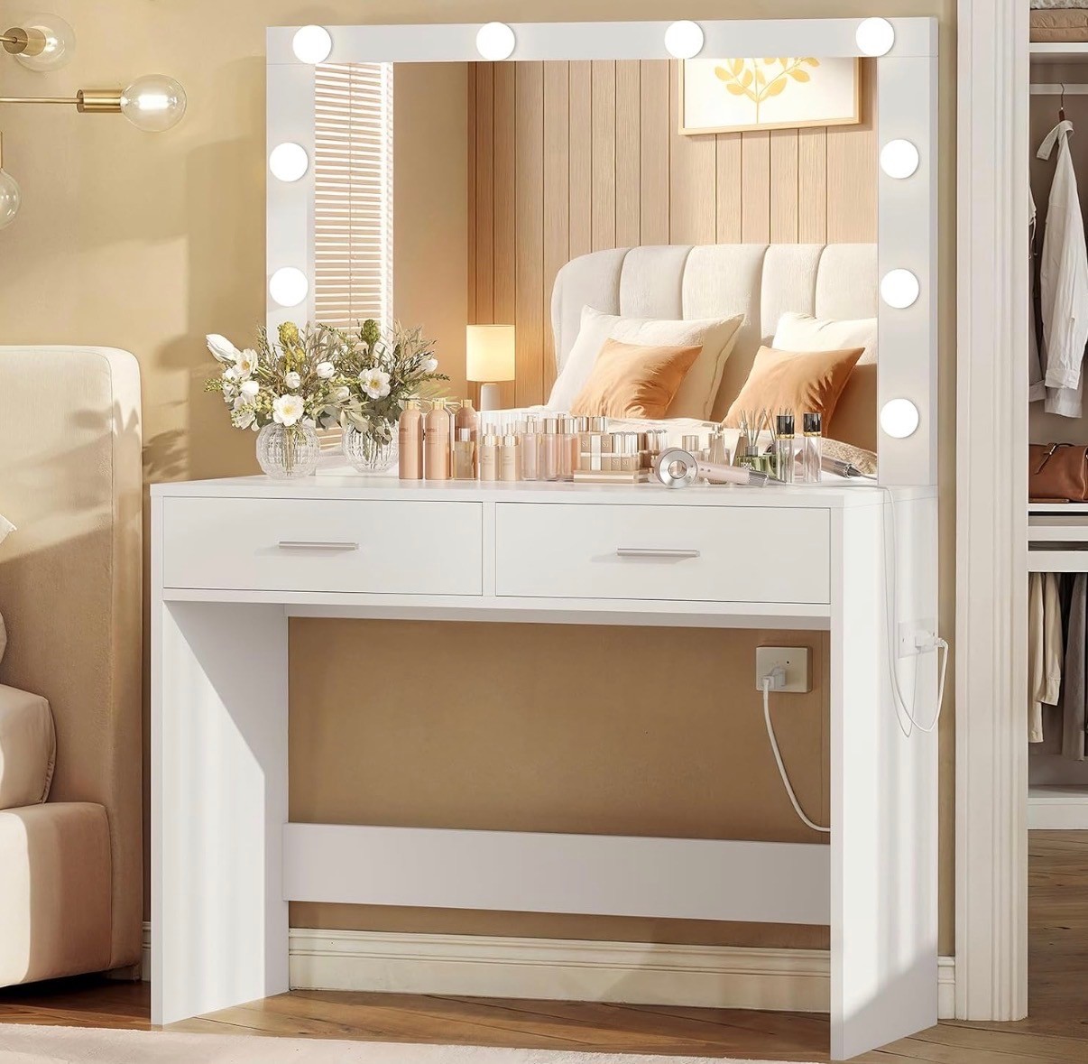 White Makeup Vanity with Lights and Powerstrip