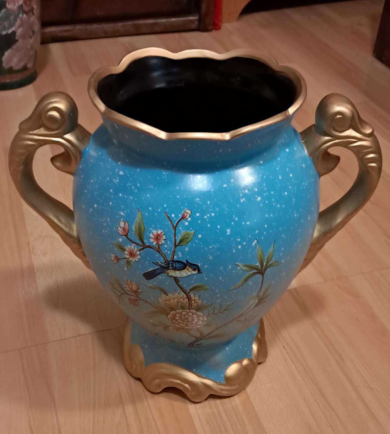 Vintage-style decorative Blue Vase with Bird and Floral Design