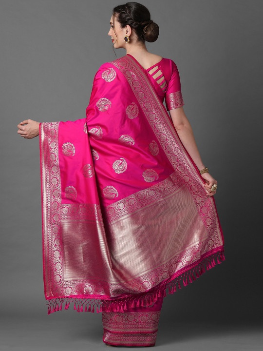 Hot Pink Silk Saree with Silver Border - photo 3