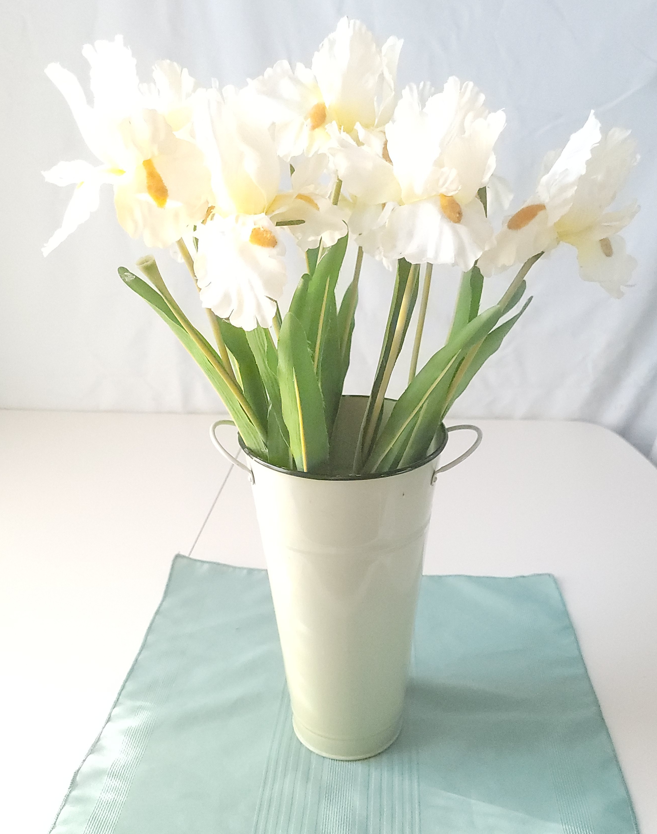 Cream Enamelware French Flower Bucket Vase White Silk Irises 20"