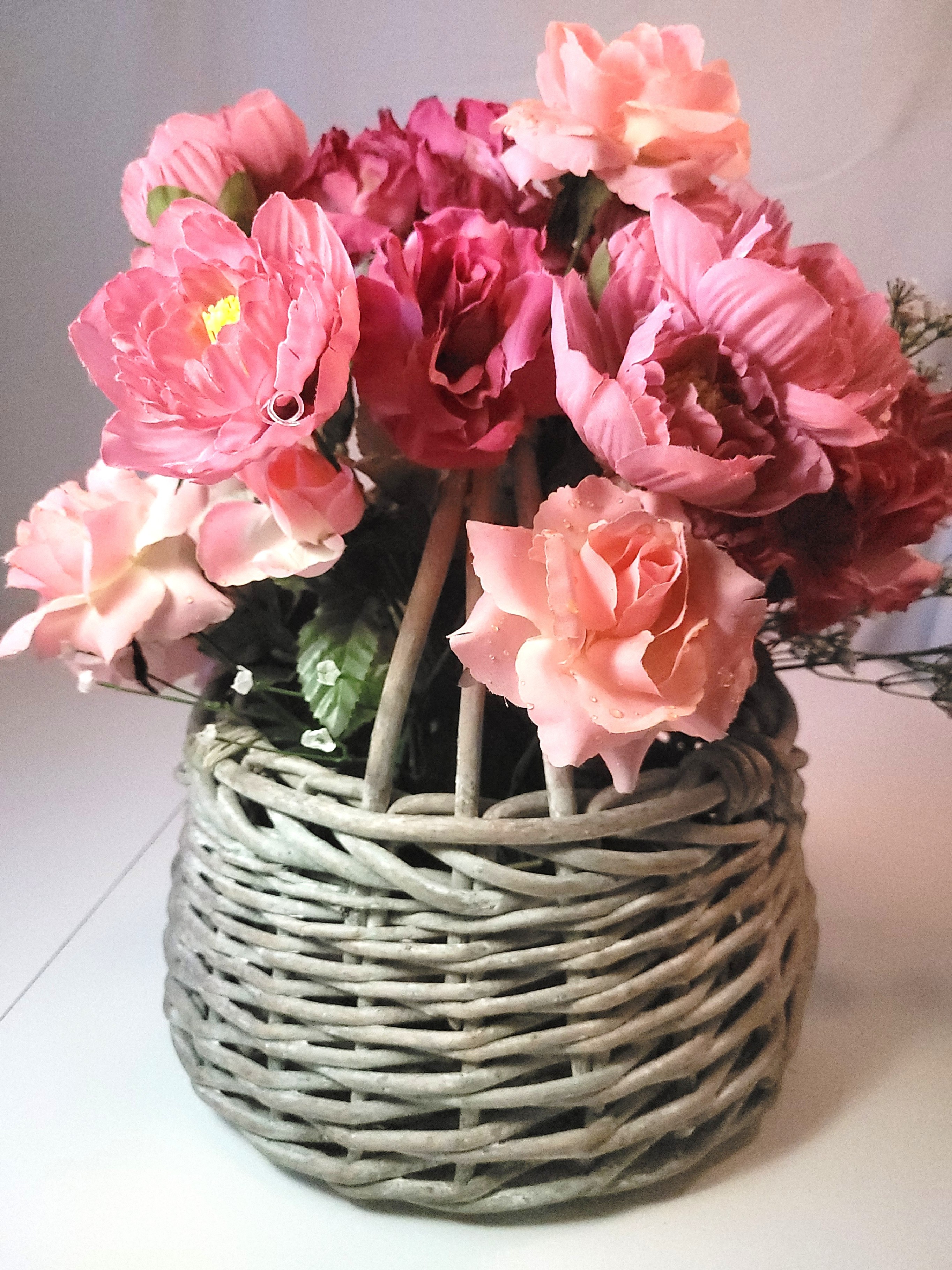 1990s Floral Basket Arrangement Pink Silk Roses Peonies Rustic - photo 4