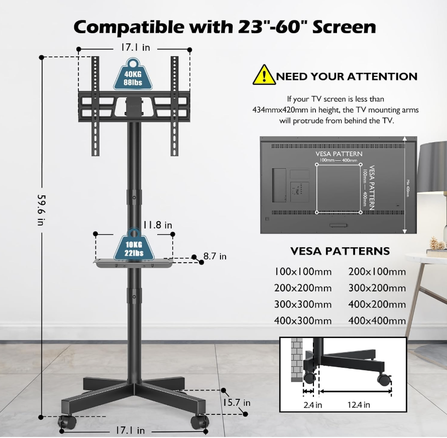 BRAND NEW  BONTEC Mobile Rolling TV with Tilt Fits 23"-60" TVs - photo 5