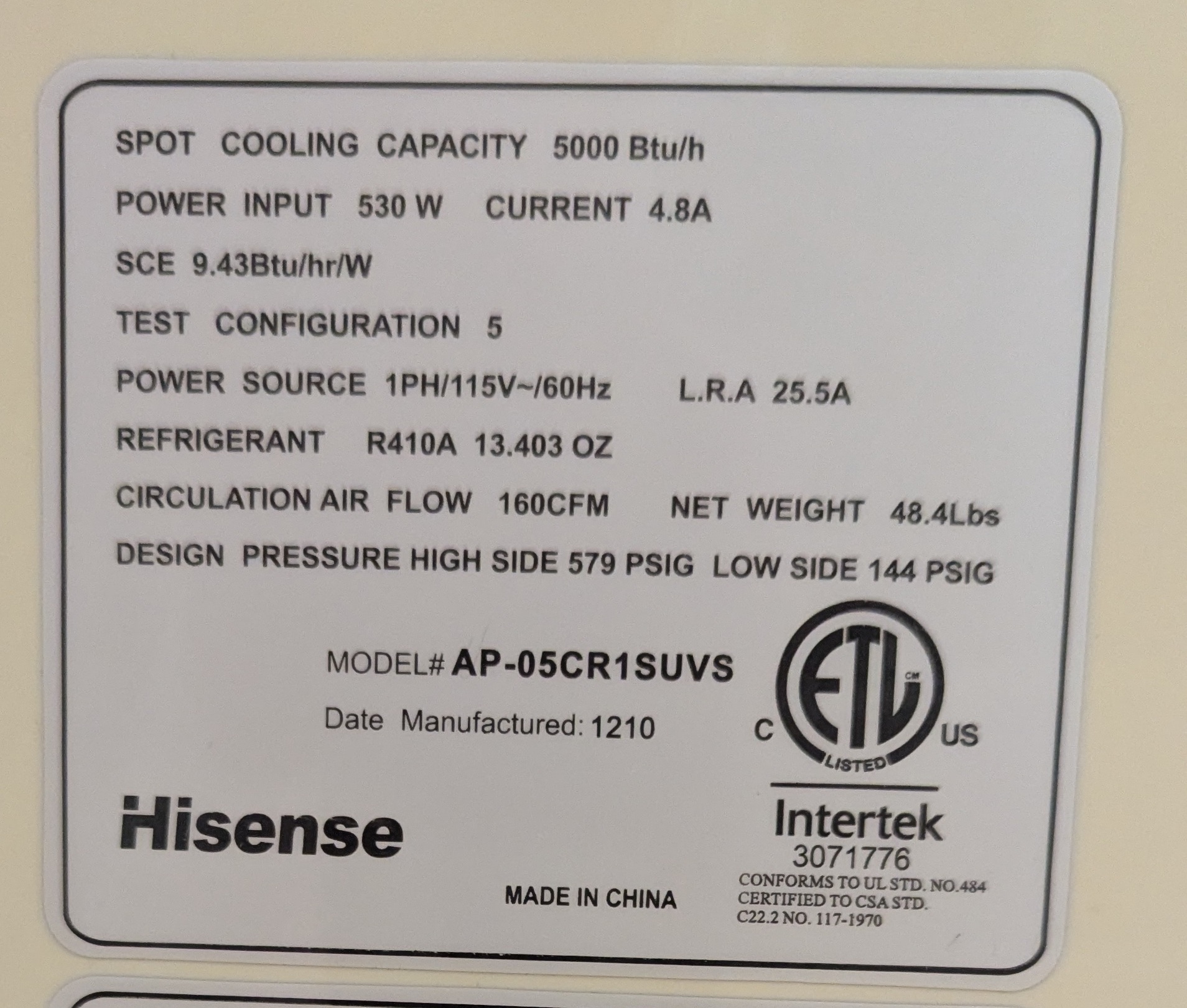 Hisense 5,000 BTU 3-in-1 Portable Air Conditioner AC - photo 3