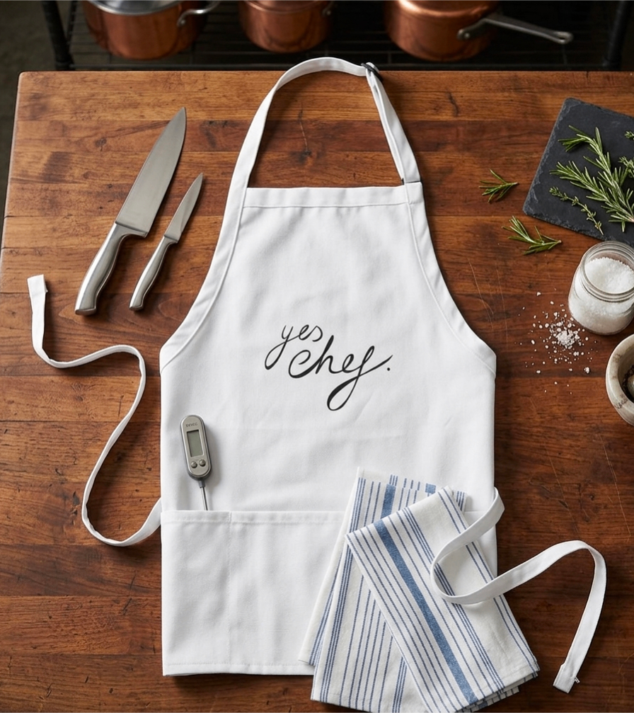 White "Yes Chef" Apron with Front Pocket