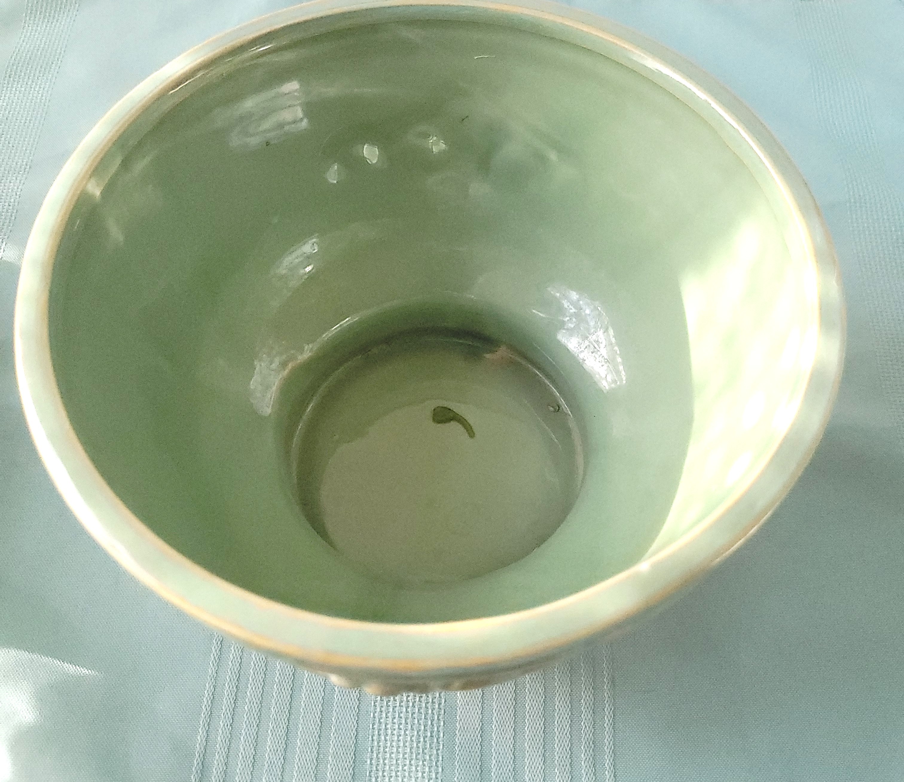 Vintage Style Green Glazed Ceramic Bowl Planter Vase Faux Flower - photo 3