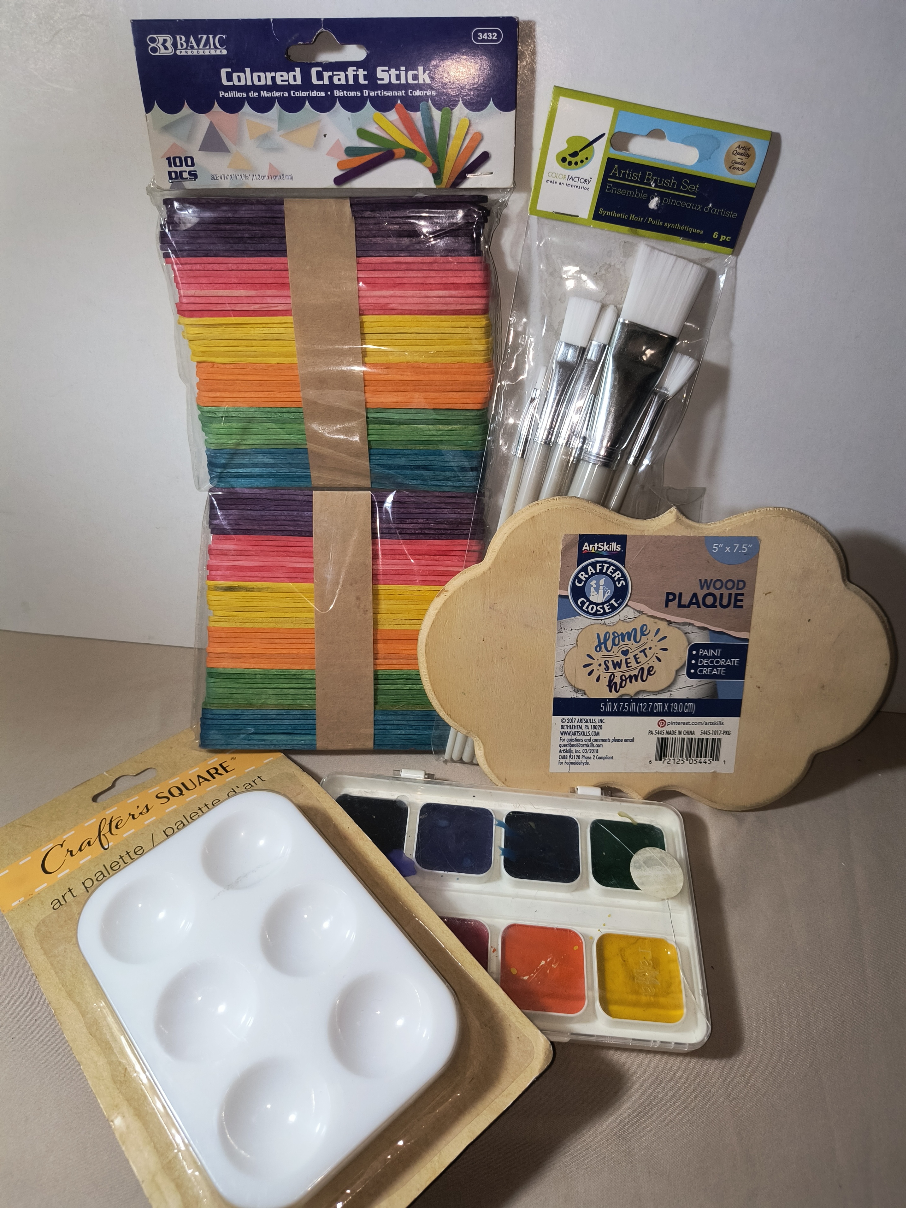 Art Bundle: Wood Plaque, Paint Set, Brushes, Palette & Sticks