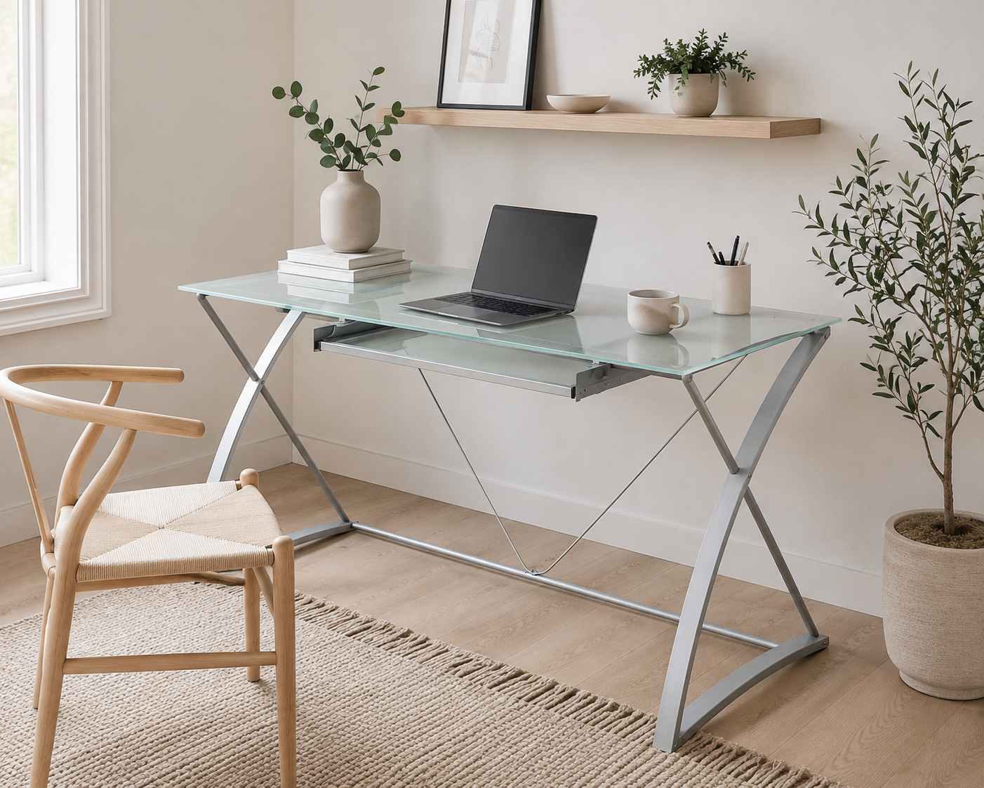 Like New EQ3 Glass Top Office Desk with Drawer