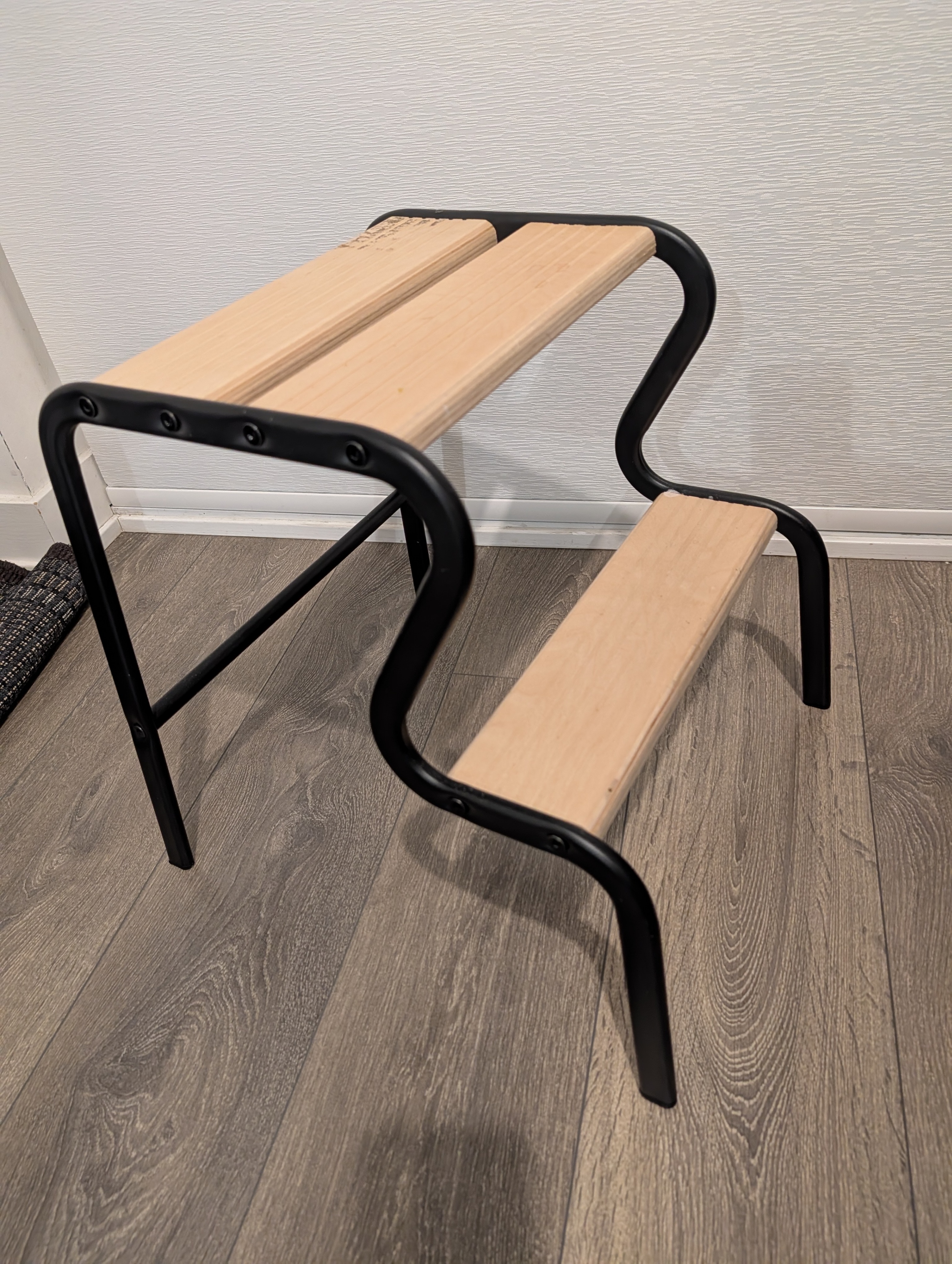2-Step Stool / Step Ladder (Natural Wood & Black Steel Frame)