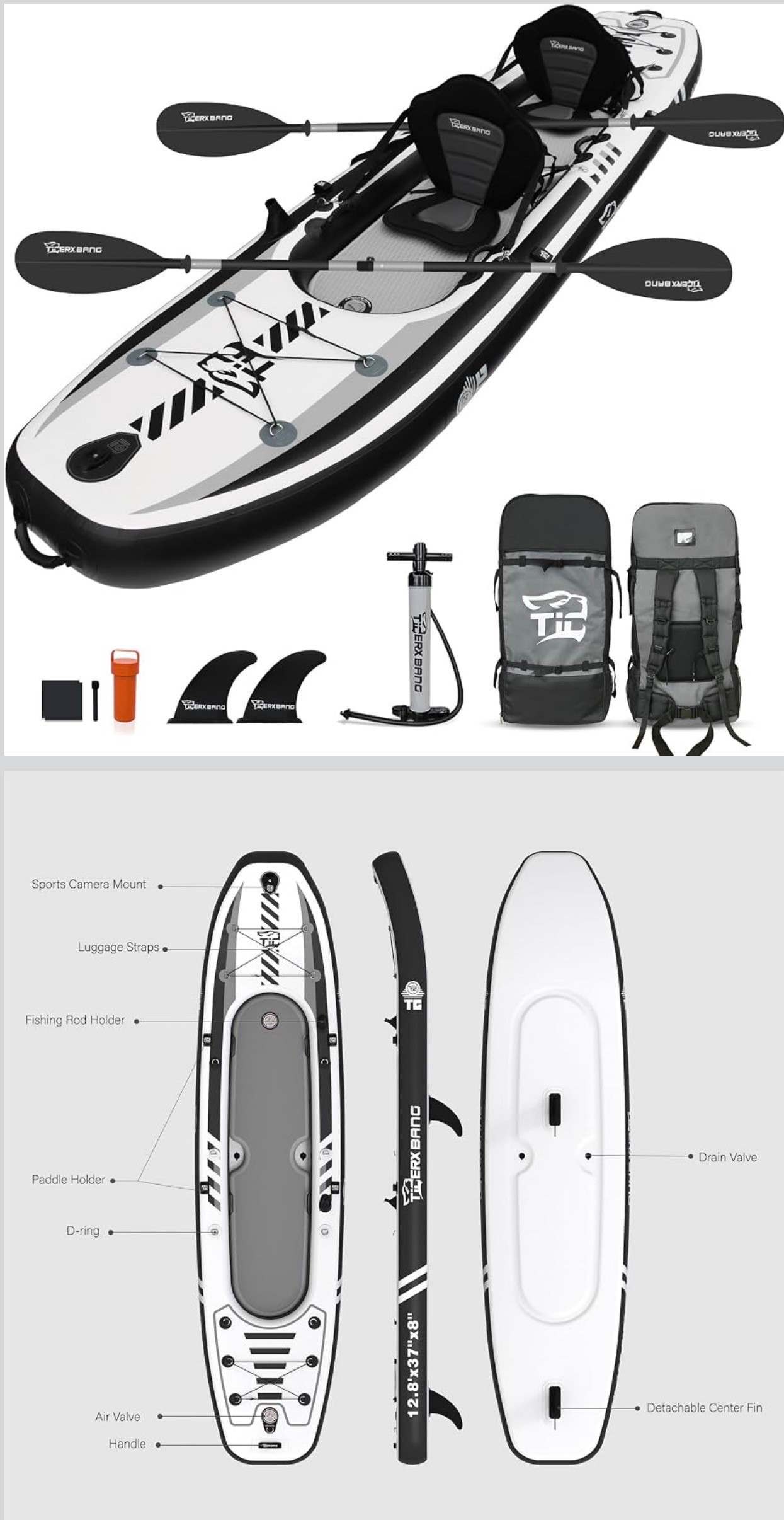 NEW: Inflatable Tandem Kayak 12'8" 2 Seats Adjustable Paddle