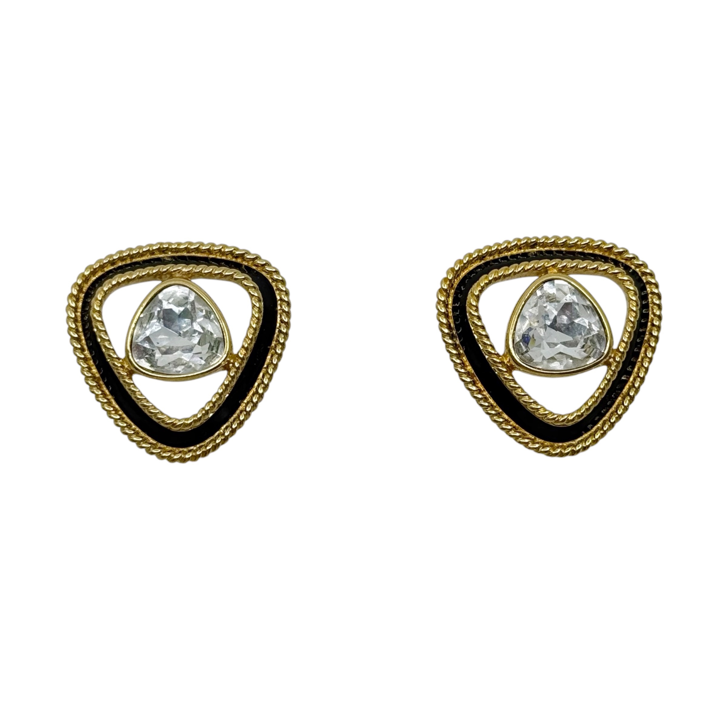 Swarovski crystal Gold tone black enamel triangular earrings