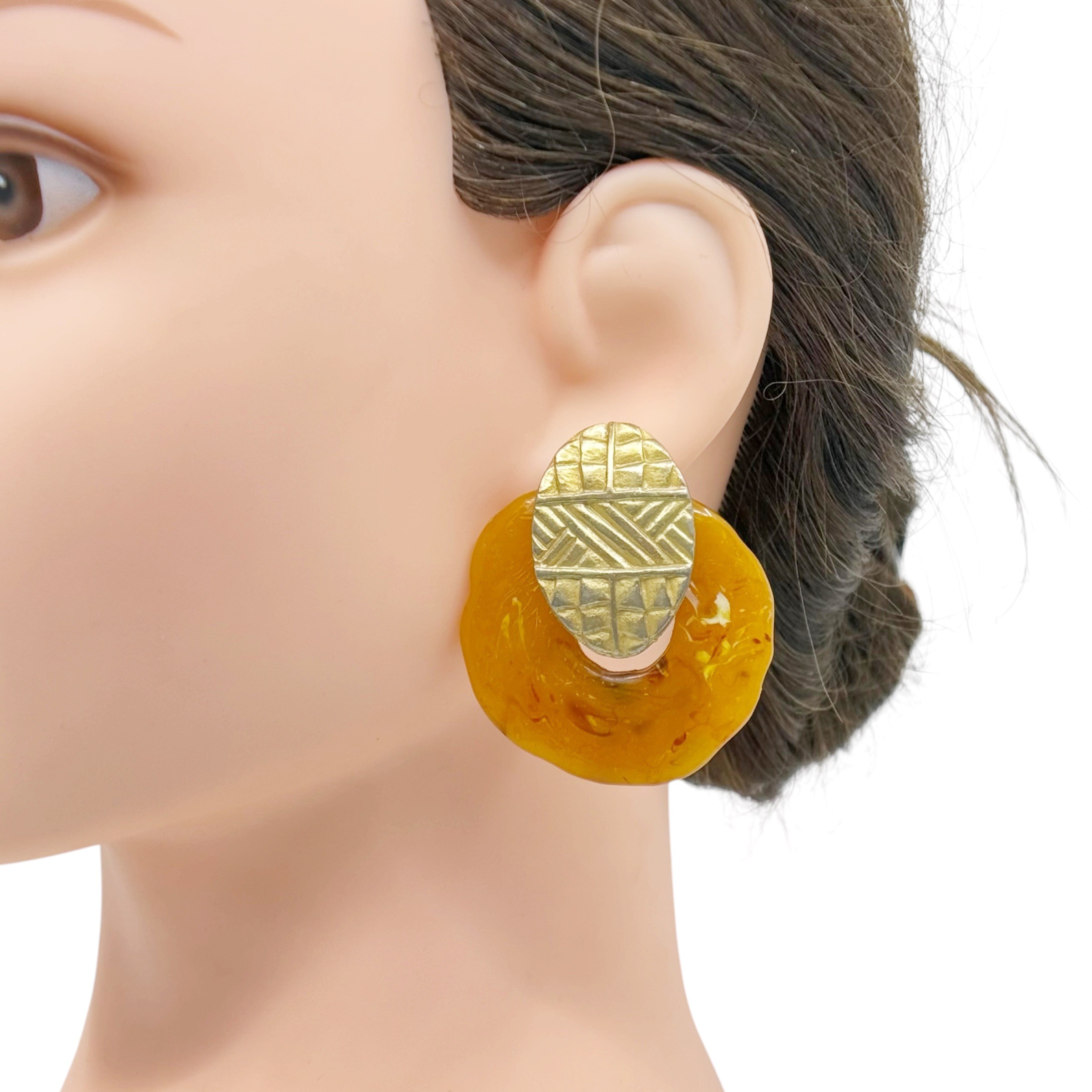 Vintage Gold tone Amber lucite clip on earrings - GM3024 - photo 5