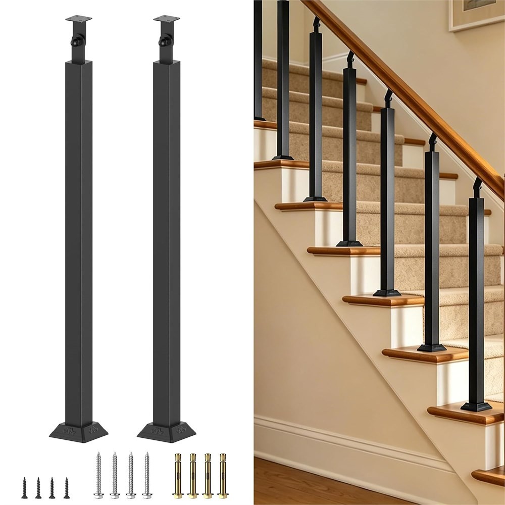 90cm Stair Railing Posts with 270° Bracket – Black – 2 Pack