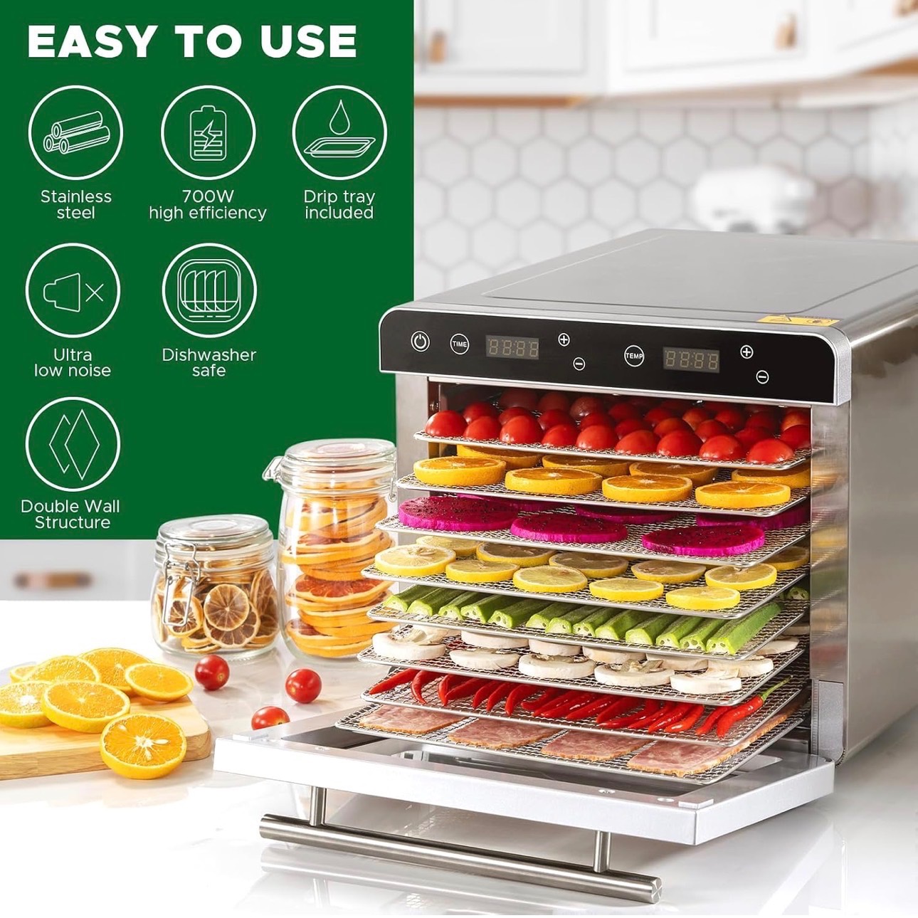 Stainless Steel Food Dehydrator Double-layer Construction 700W