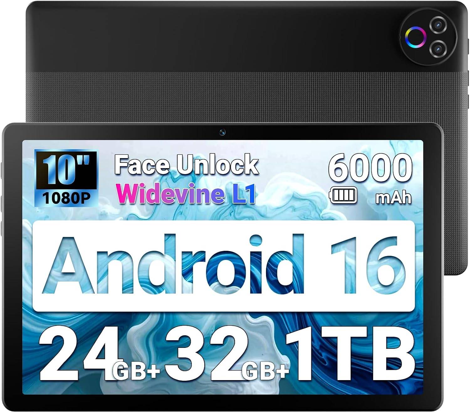 10 Inch Android 16 Tablet 24GB RAM 1TB Expand WiFi 6 Widevine