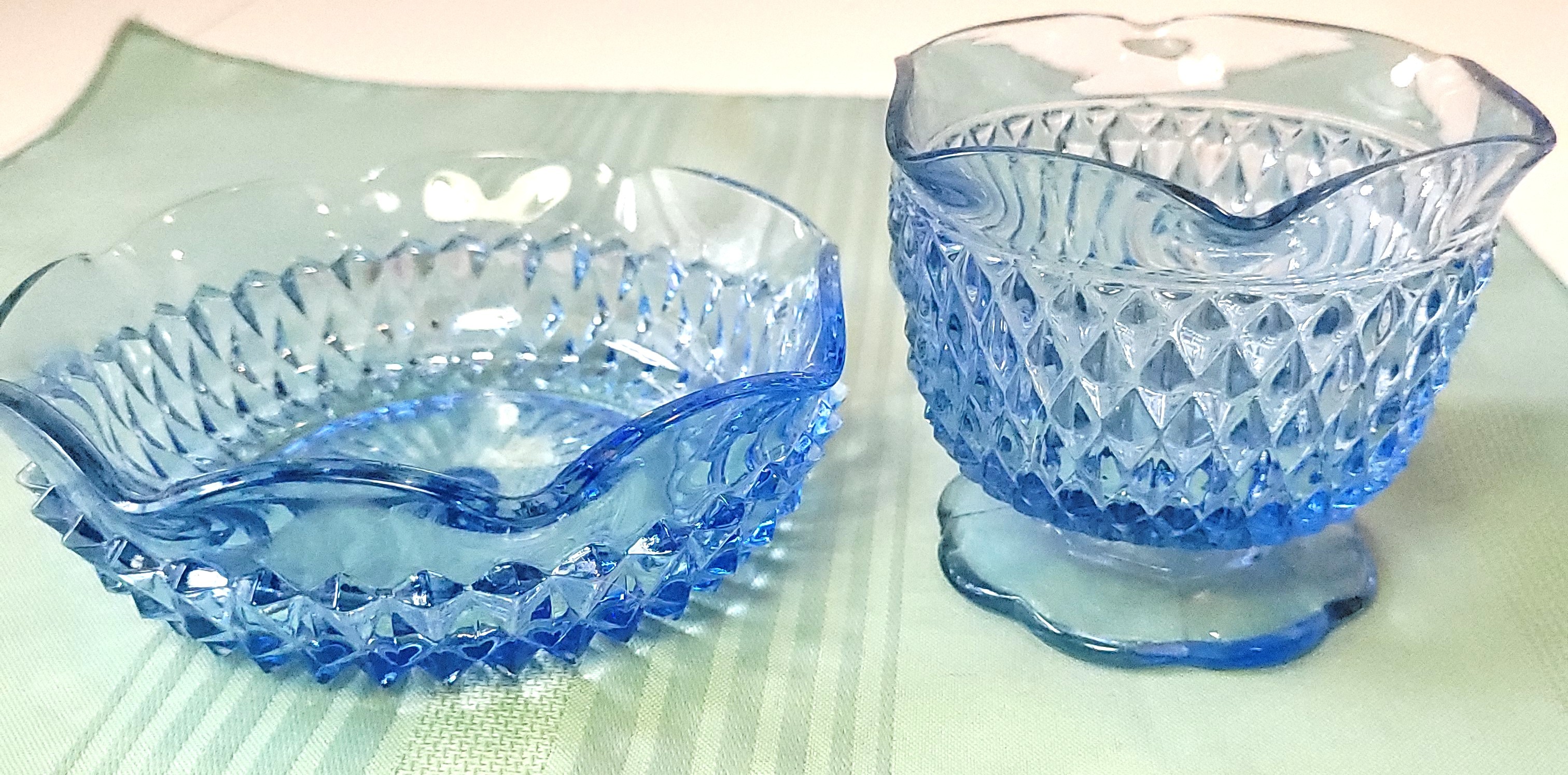 1960s Light Blue Diamond Glass Sugar Bowl and Creamer Set