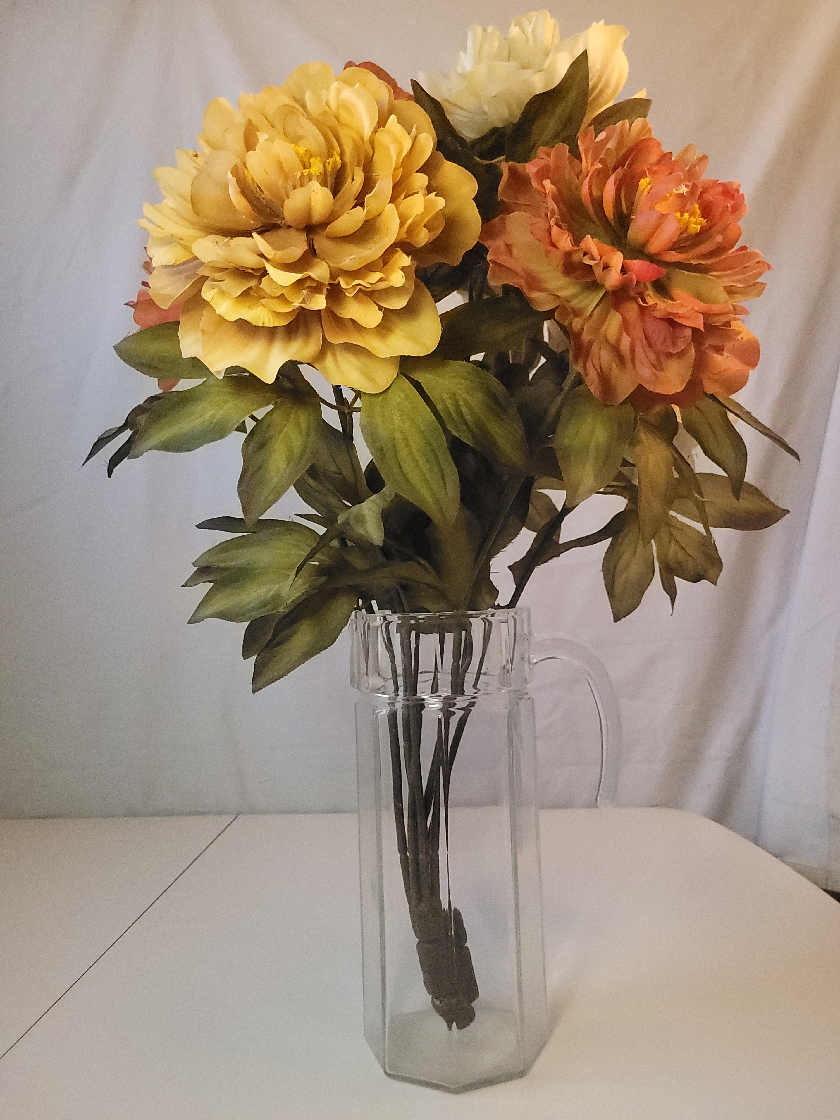 1980s Clear Crystal Octagon Glass Pitcher Faux Peonies Floral