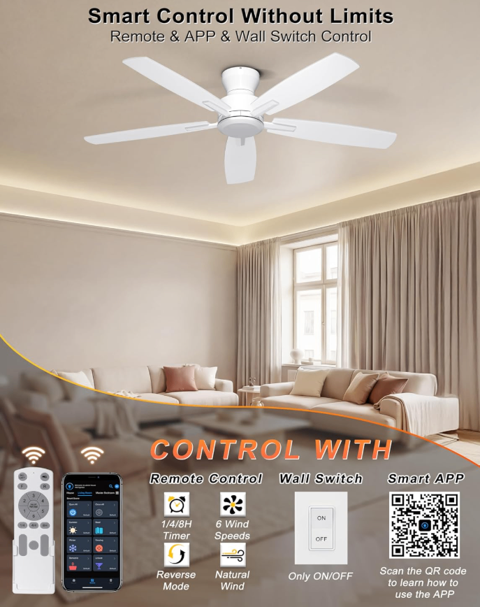BRAND NEW Ohniyou 52" Ceiling Fan (No Light) Remote App Control - photo 3