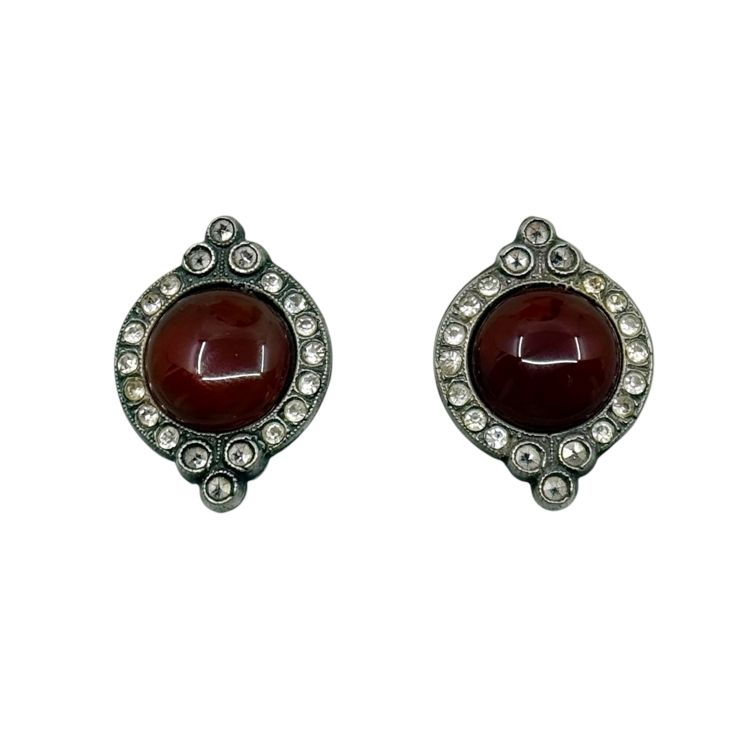 Silver Plated carnelian rhinestone & marcasite stud earrings - photo 2