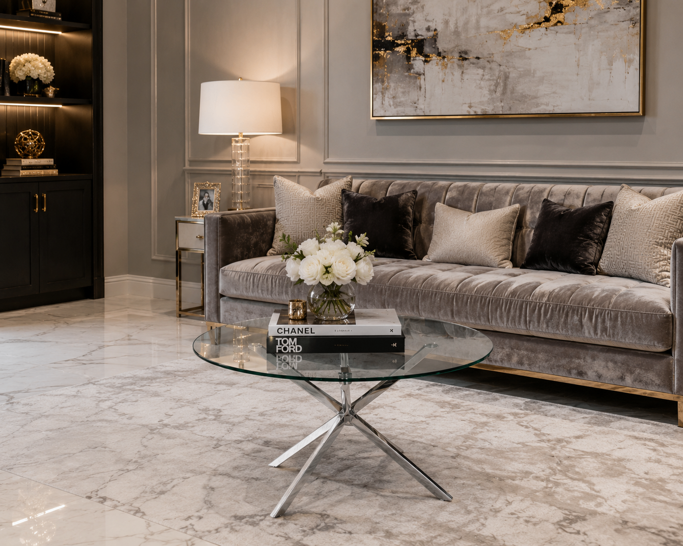 Round Glass Coffee Table with Chrome Legs (30" Diameter x 17" H)