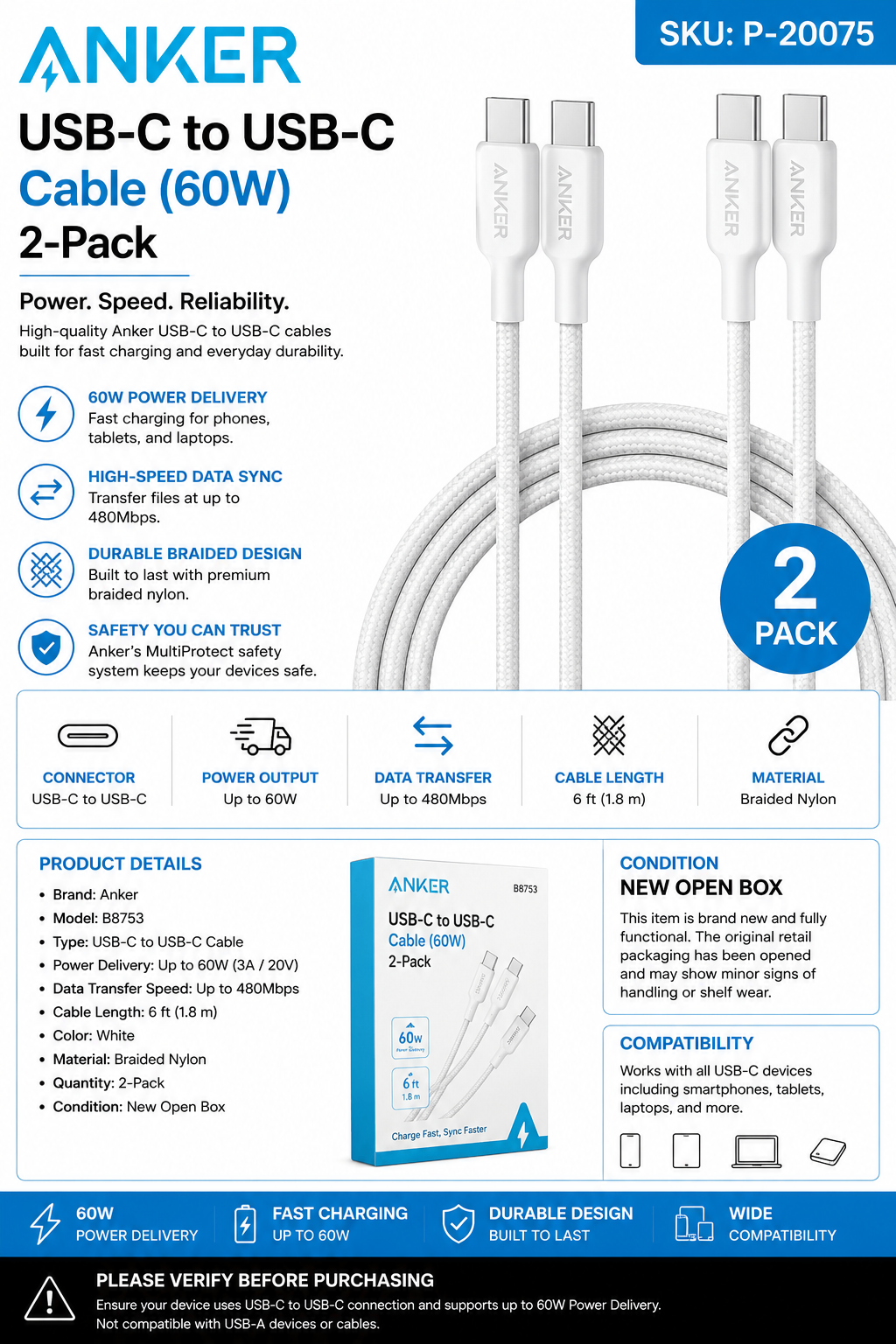Anker USB-C to USB-C 60W Braided Cable – White – 2 Pack Open Box