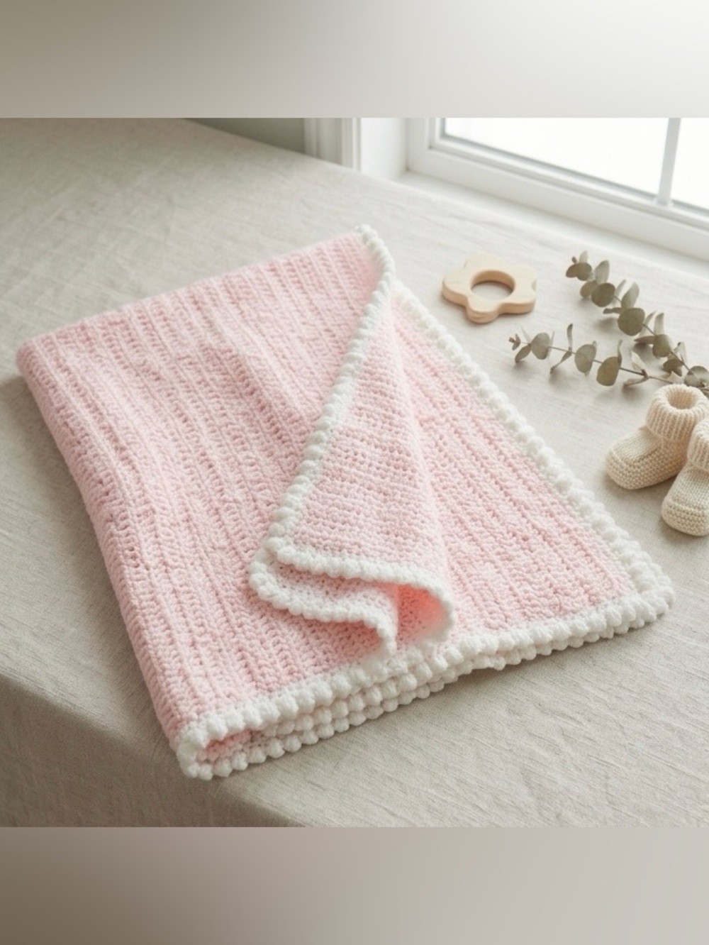 Vintage 1982 Cozy Pink and White Handmade Knit Baby Blanket