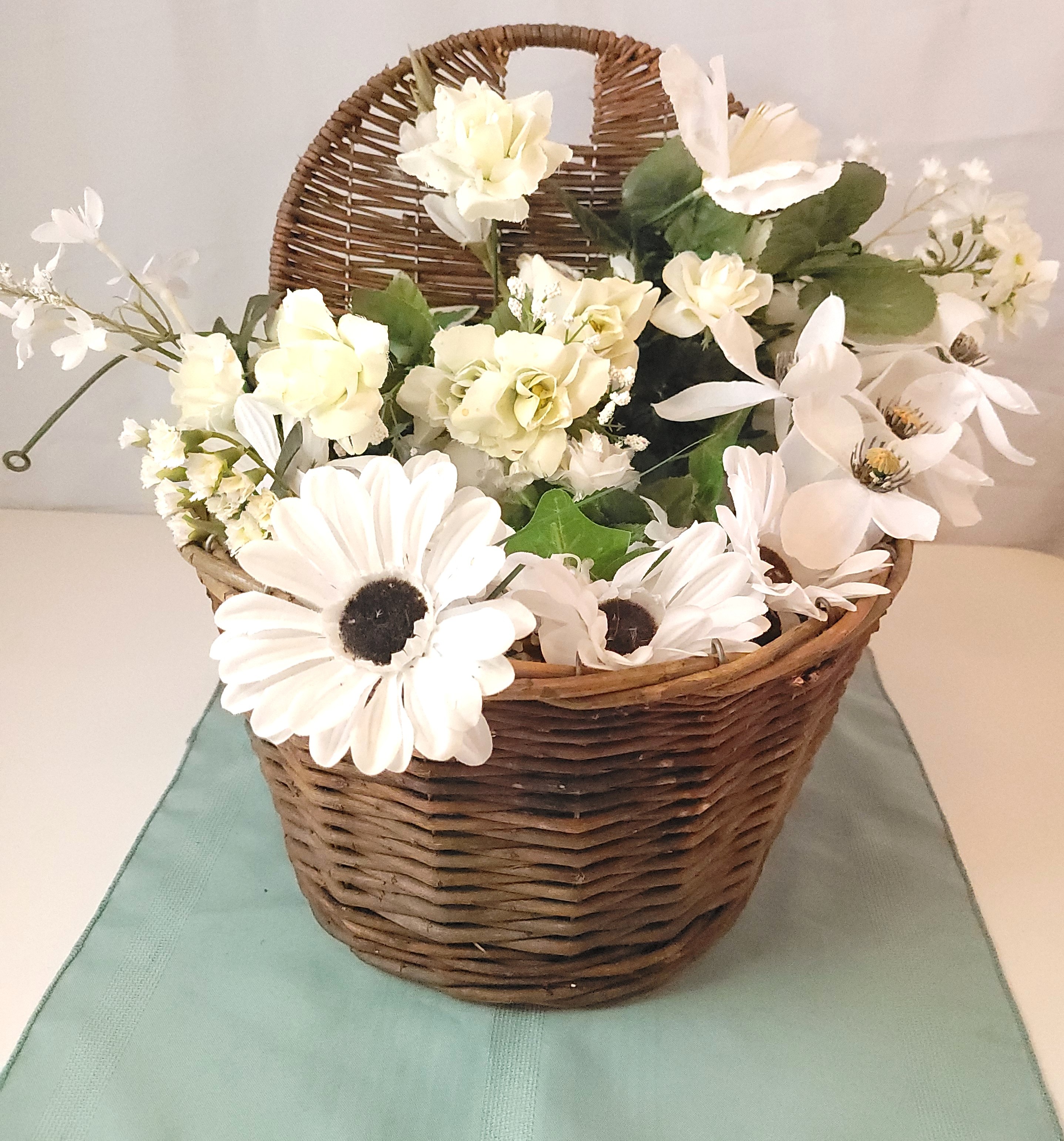 1990s Wicker Wall Hanging Pocket Faux Flowers
