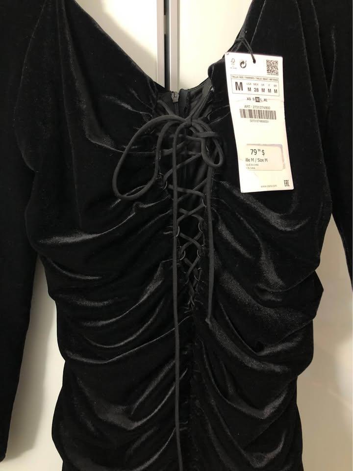 NWT ZARA Black Velvet Ruched Lace-Up Mini Dress (Size M) - photo 3