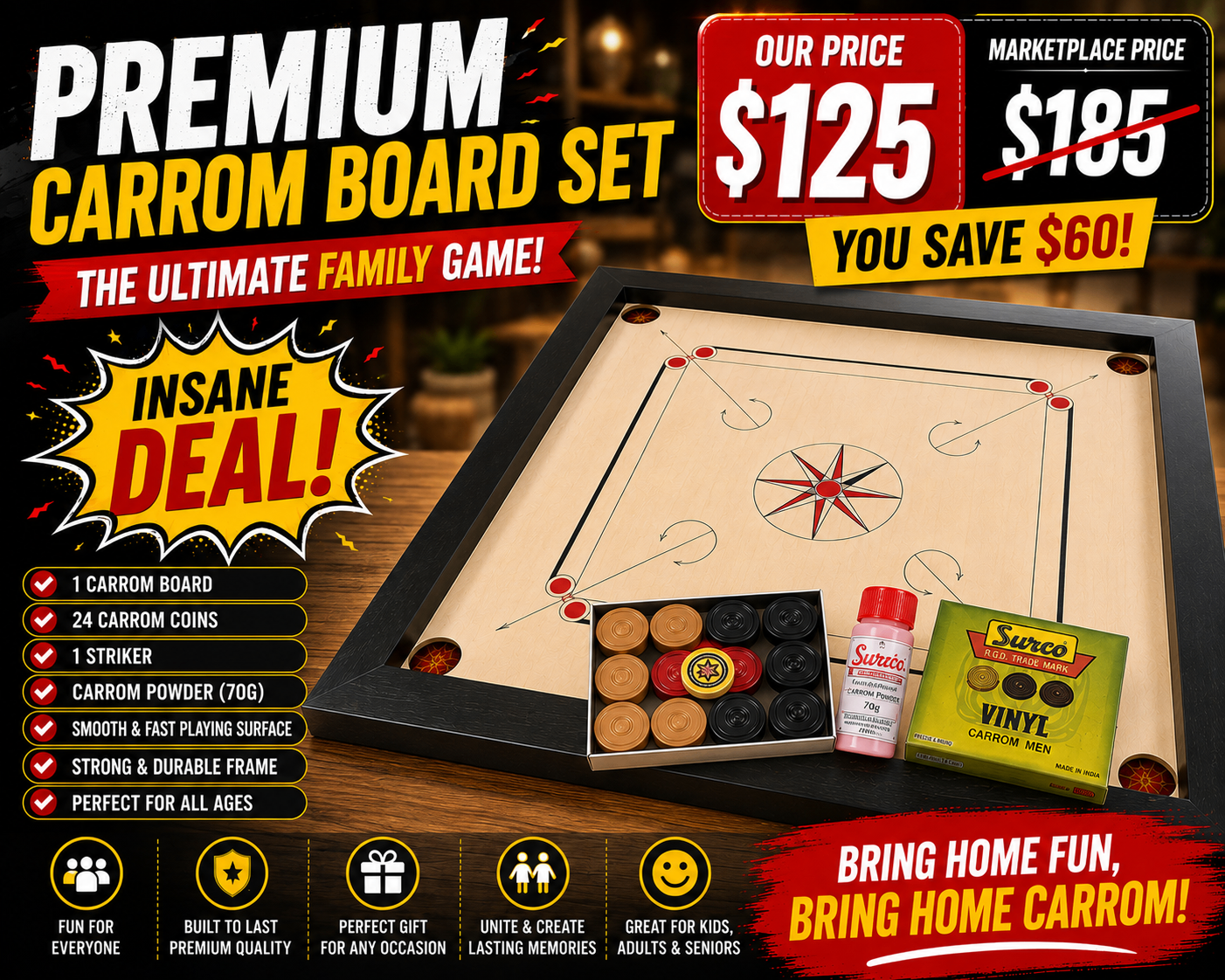 Premium Full-Size Carrom Board Complete Game Kit |