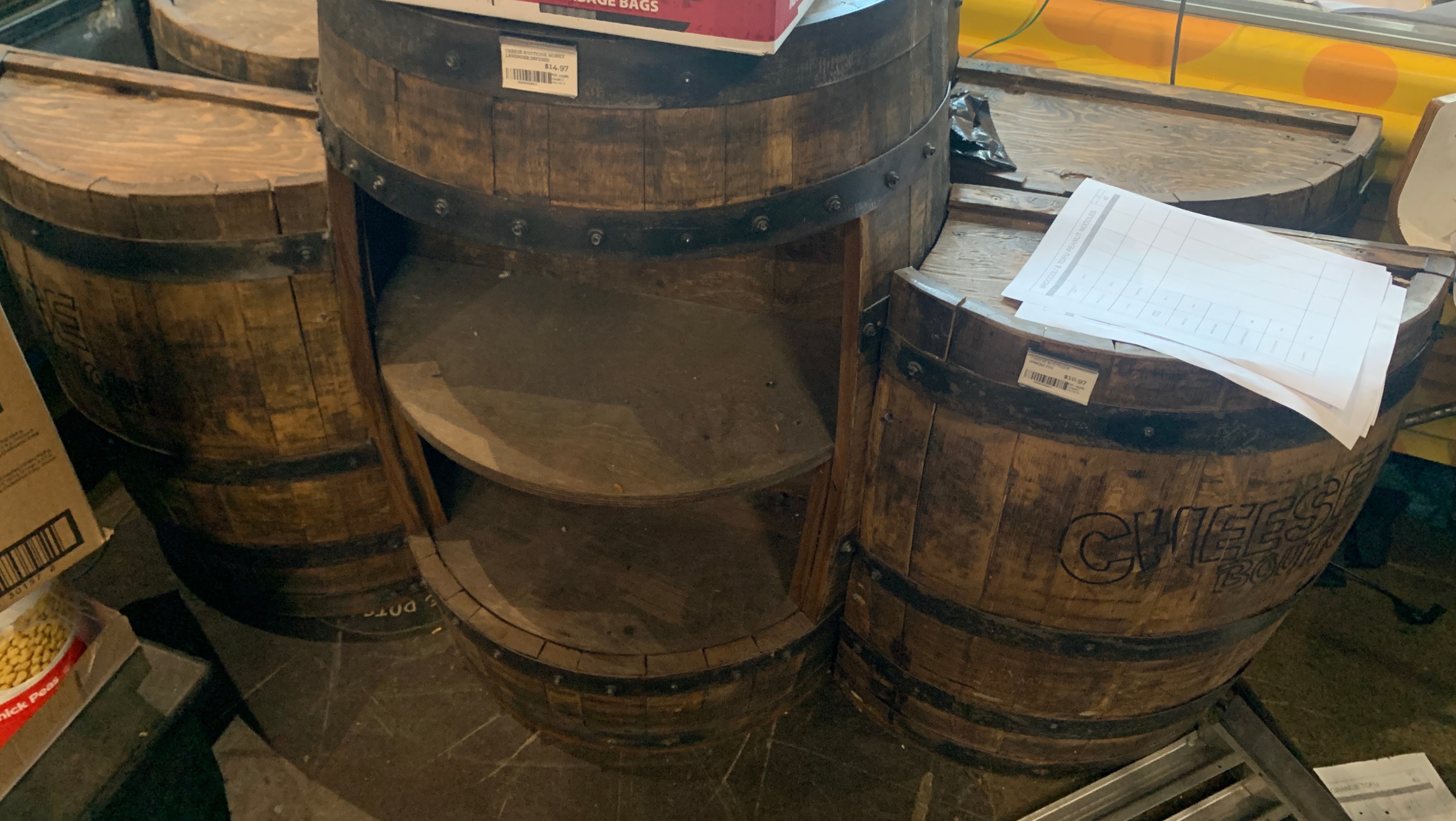 Commercial Whiskey-Style Barrel Display Fixtures Cheese Boutique