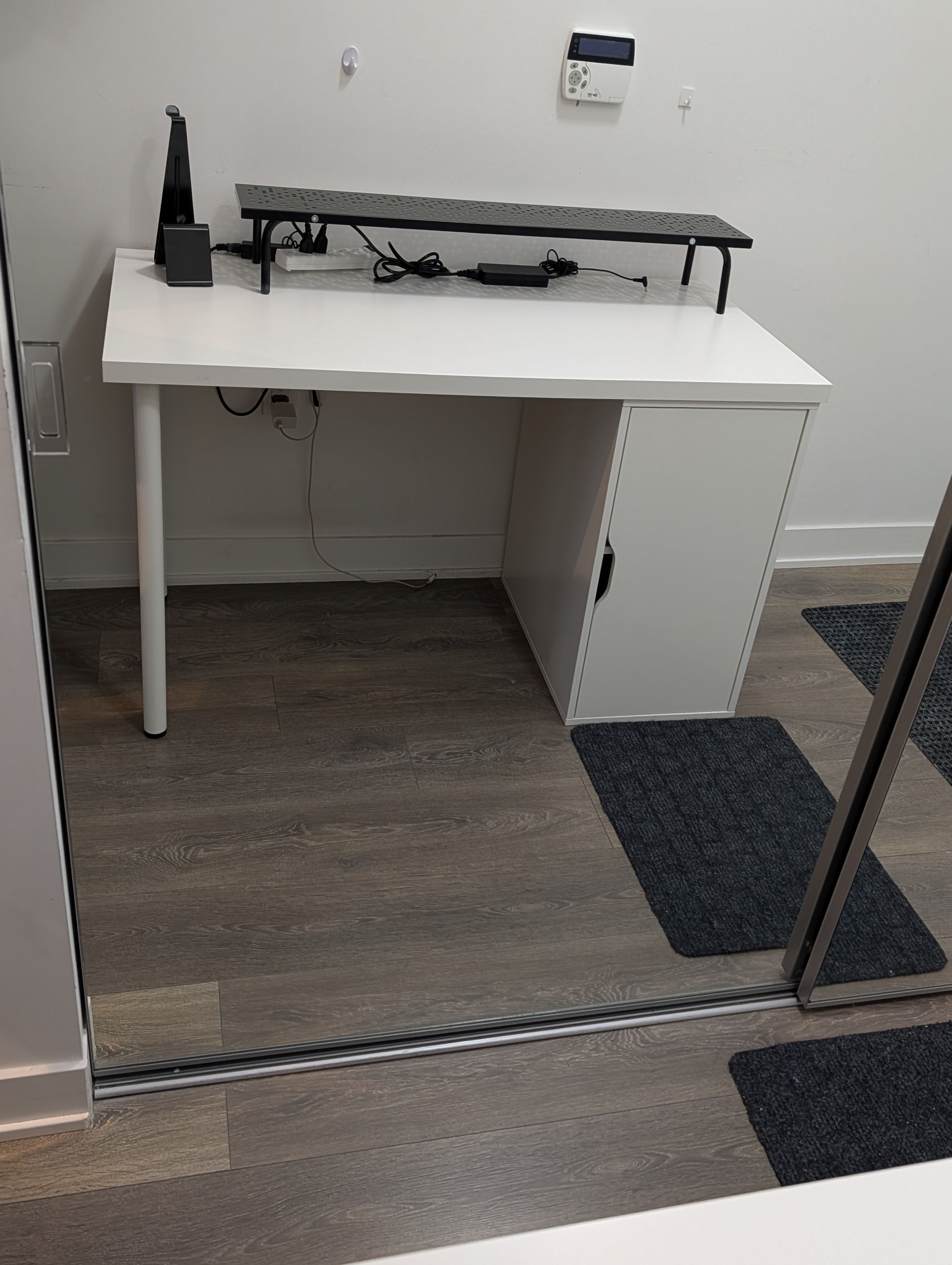 Desk with Storage Cabinet + Monitor Riser + Headset/Tablet Stand