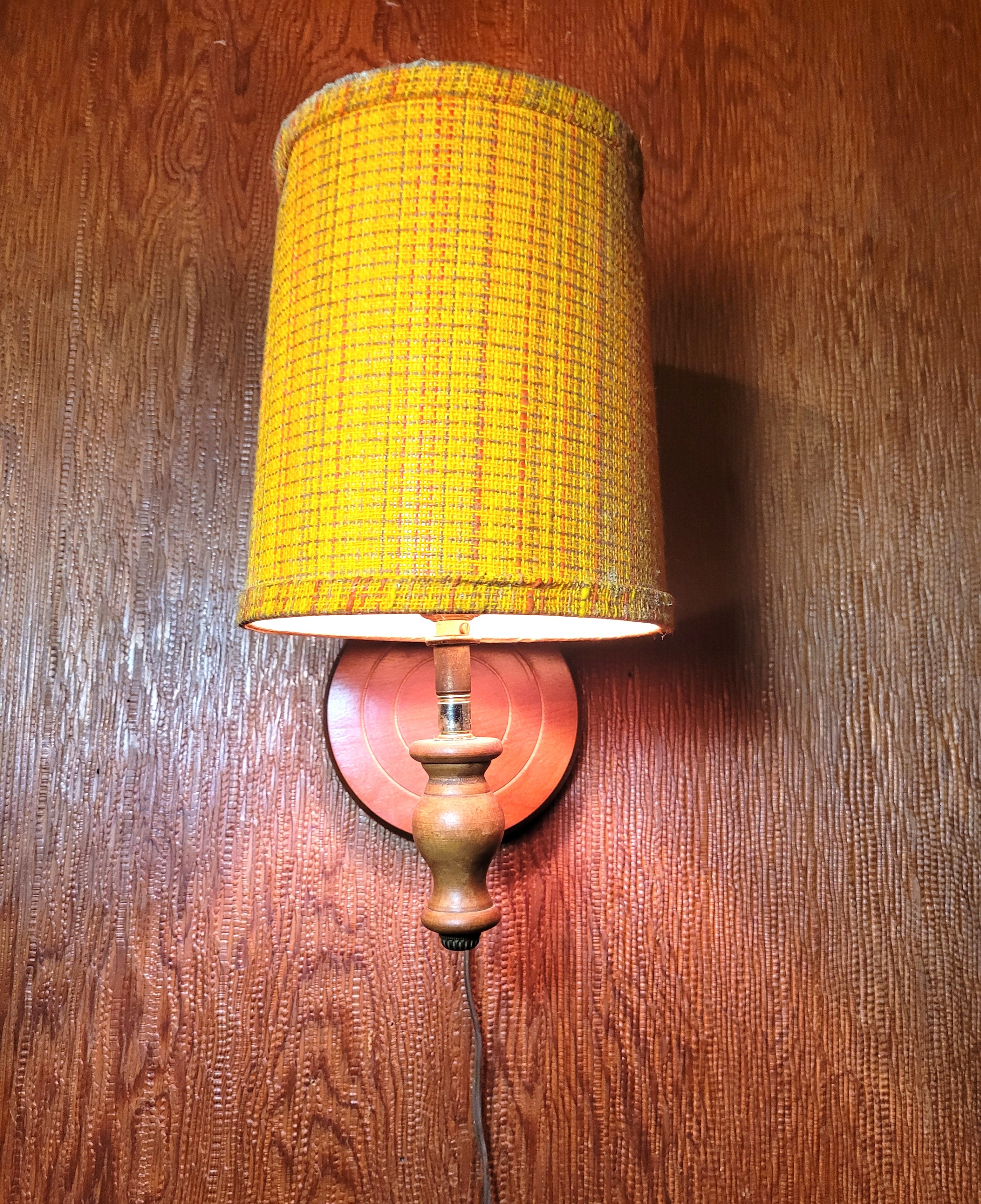 1970 Wall Sconce Lamp Turned Wood Base Yellow Woven Burlap