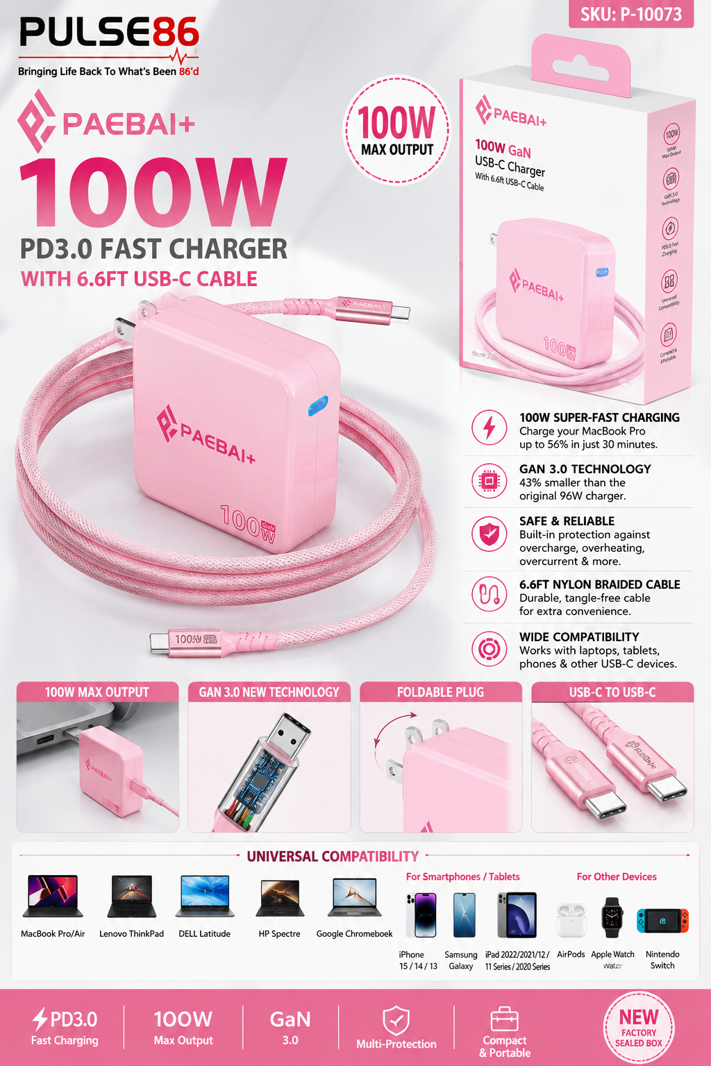 PAEBAI+ 100W GaN PD3.0 USB-C Fast Charger + 6.6FT Cable Pink NEW