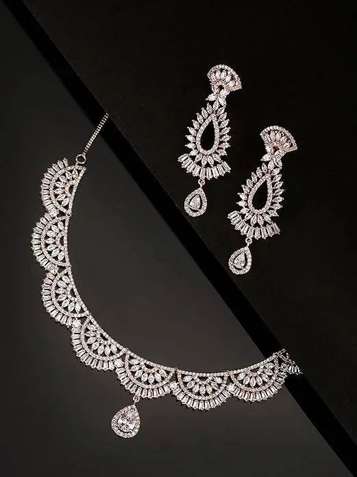 Rose Gold Tone Choker Necklace and Earring Set with White Stones