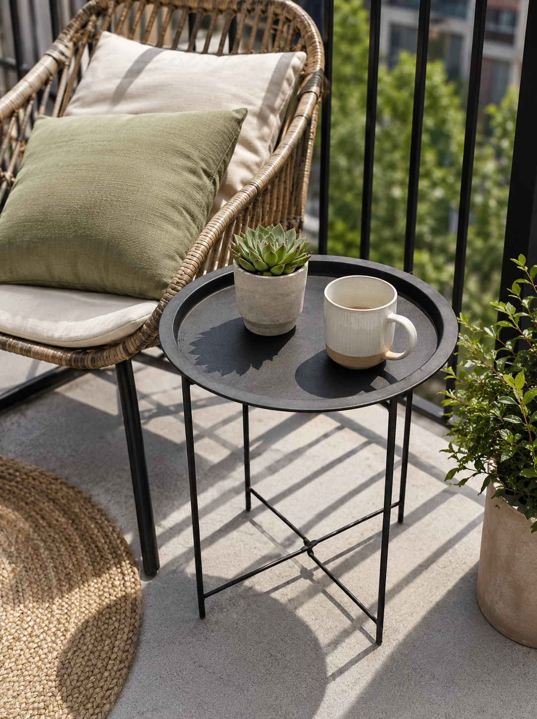 Folding Black Metal Round Tray-Top Side Table with Rattan Insert - photo 4