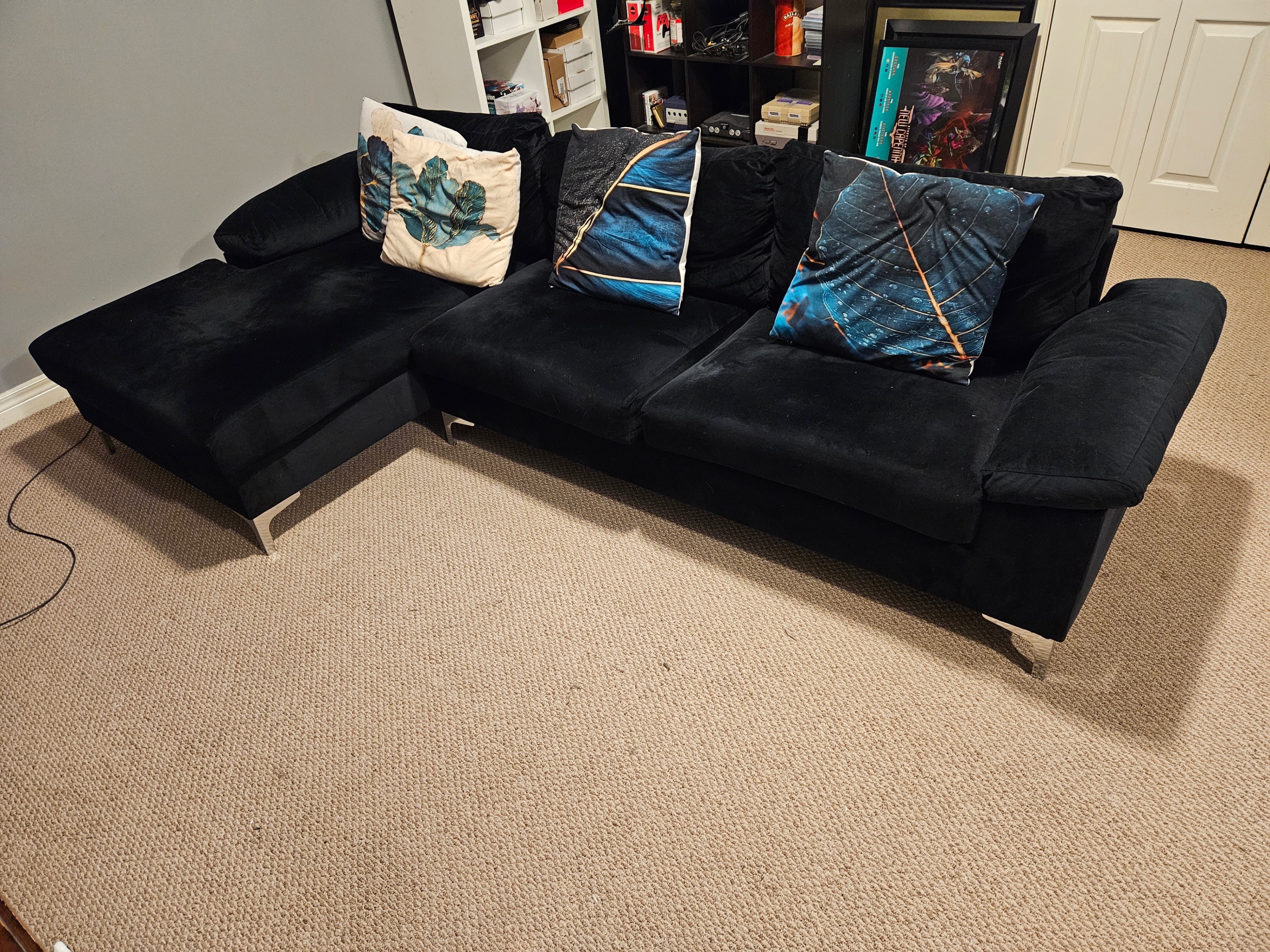 Black Velvet Sectional Sofa with Chaise