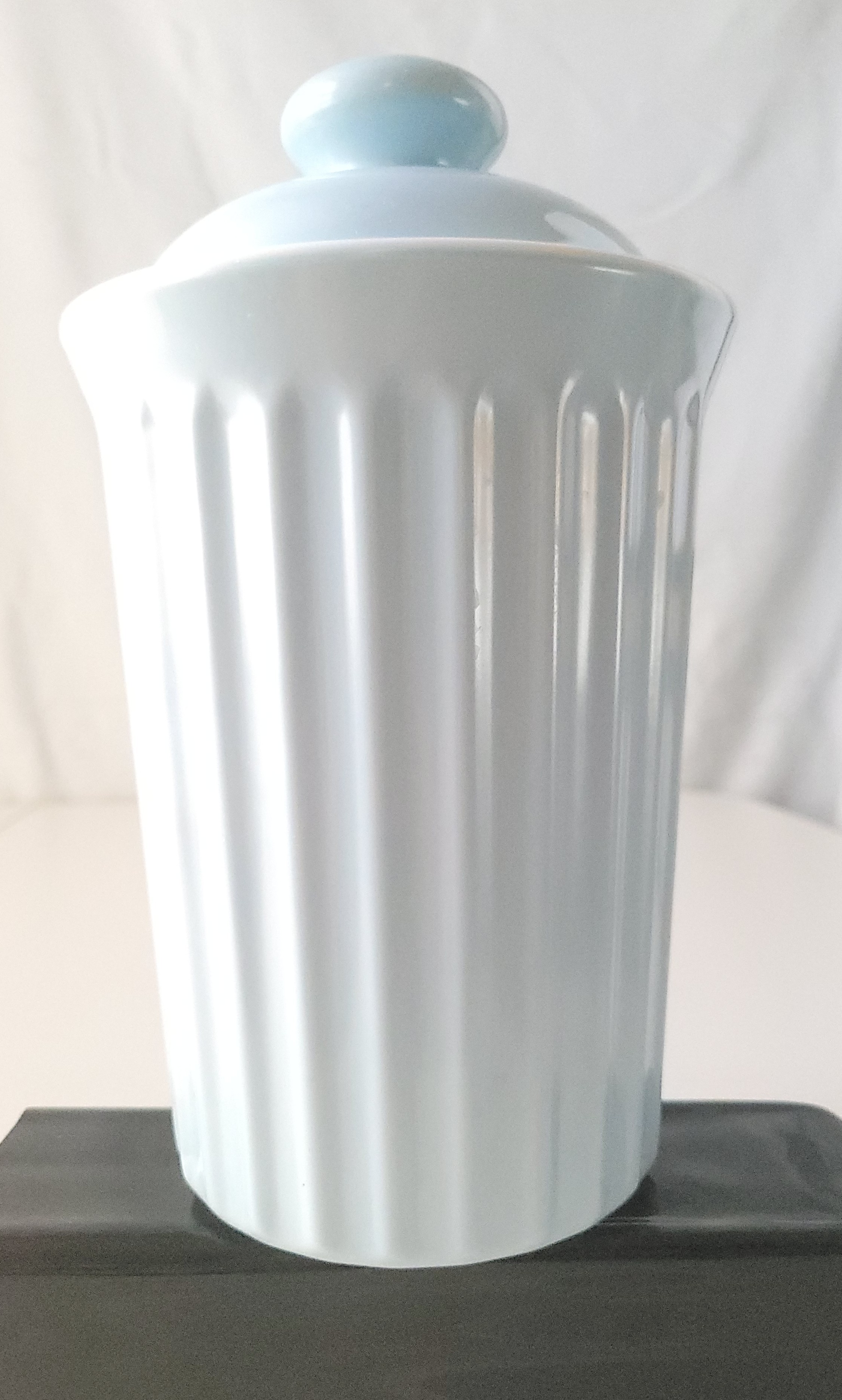 1980s Powder Blue Ceramic Ribbed Canister Jar Lidded 9" - photo 2
