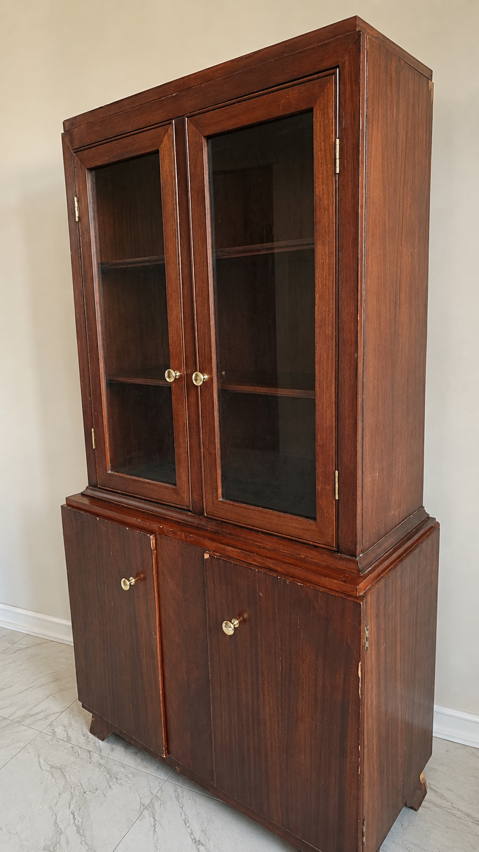 Vintage Solid Wood Hutch & China Cabinet w/ Glass Doors