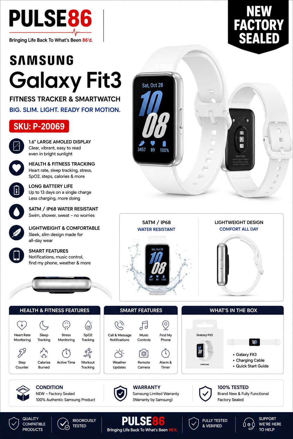 Samsung Galaxy Fit3 Fitness Tracker Smartwatch White NEW sealed