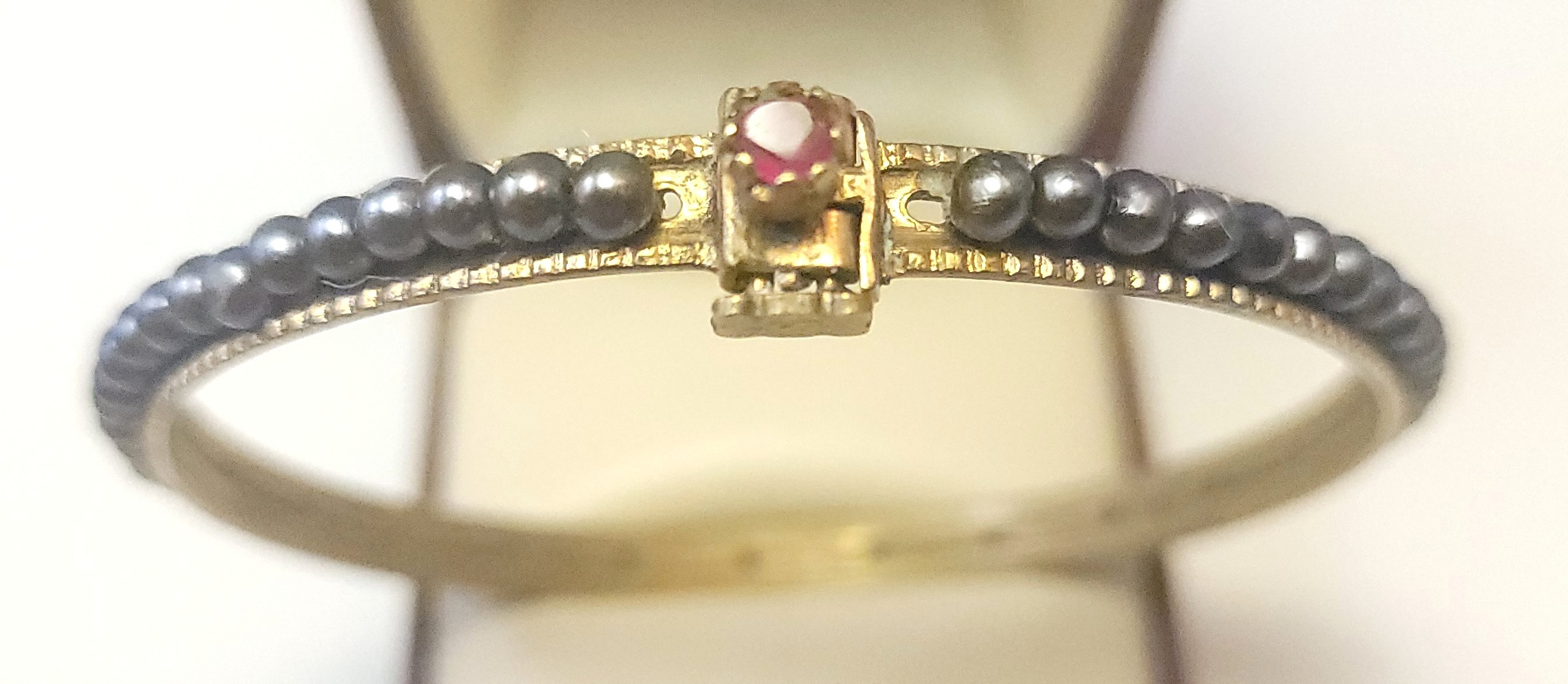Sloan & Co Antique 1900 Ruby Red Glass Seed Pearl Hinge Bangle