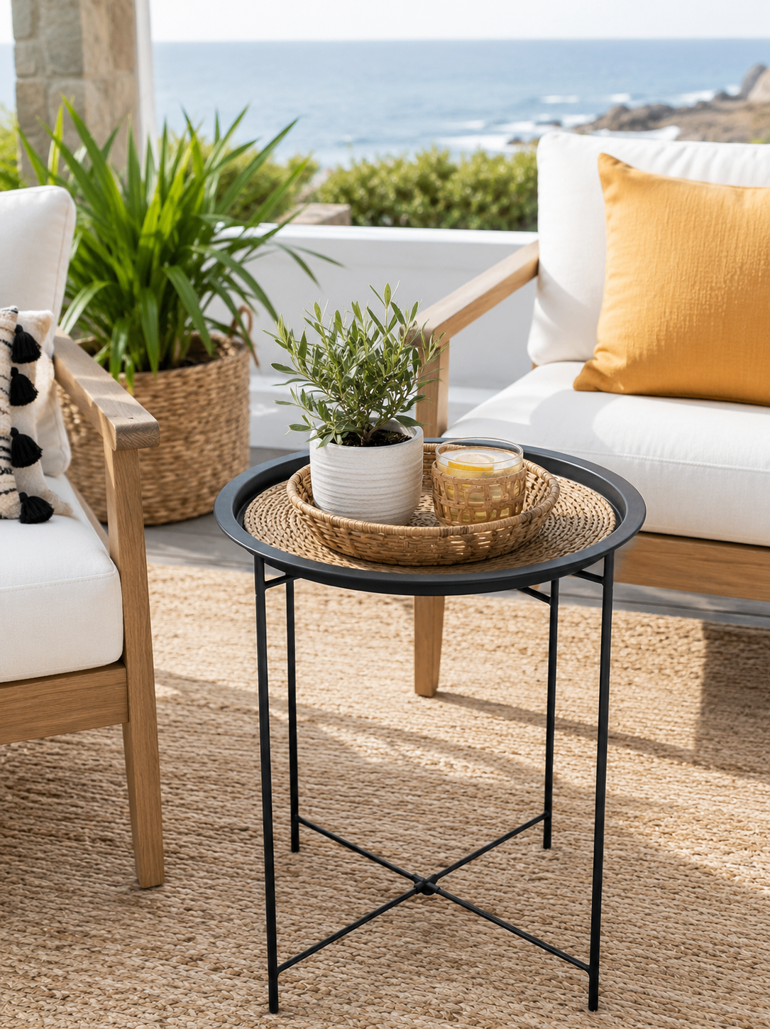 Folding Black Metal Round Tray-Top Side Table with Rattan Insert - photo 5