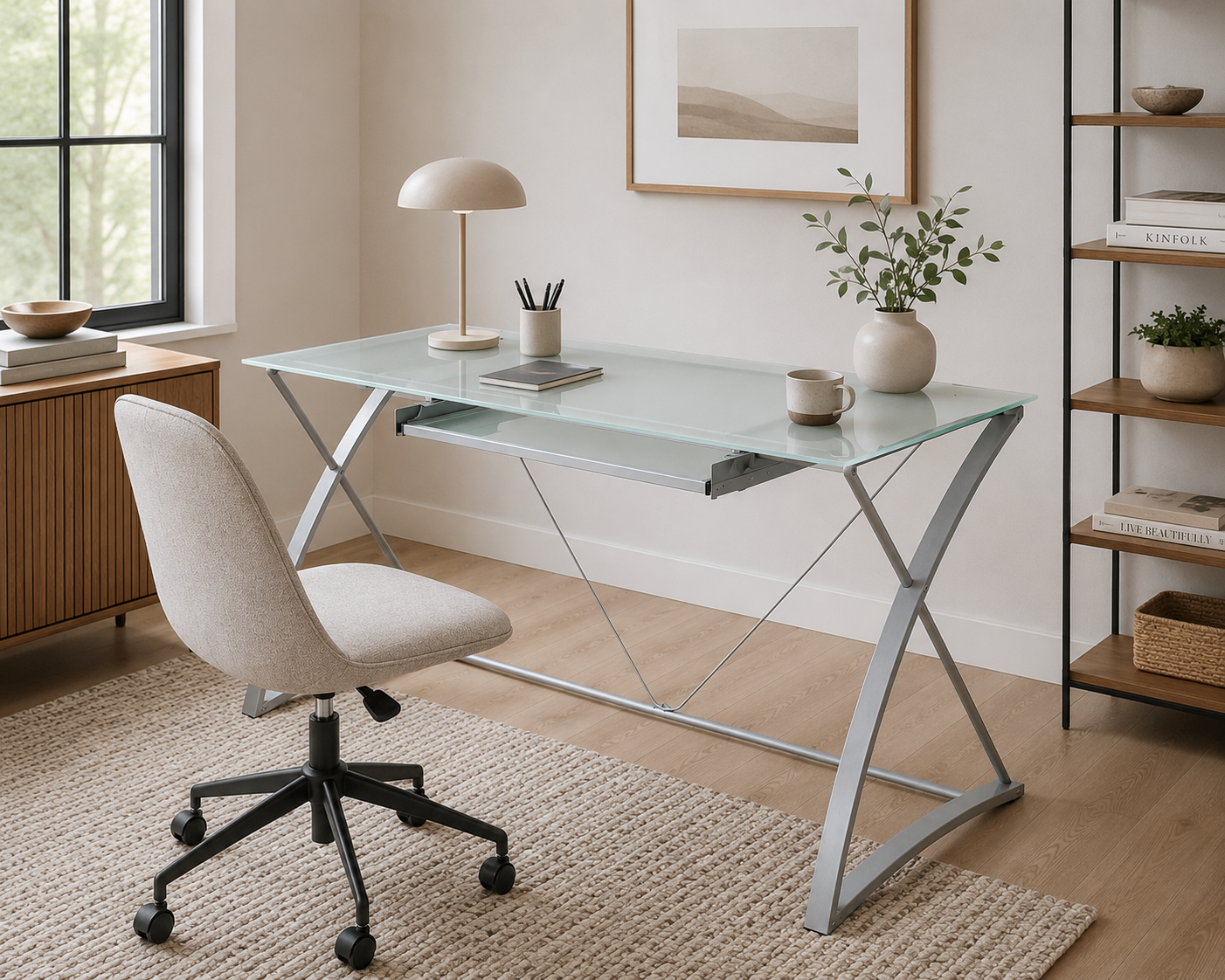 Like New EQ3 Glass Top Office Desk with Drawer - photo 2