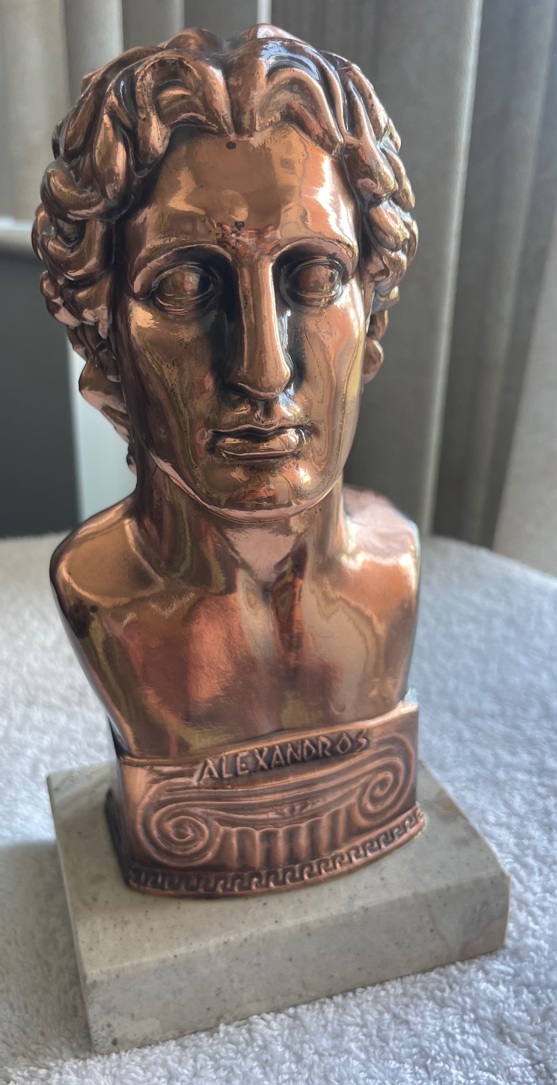 Vintage Greek Alexander The Great Copper Bust on Marble Base